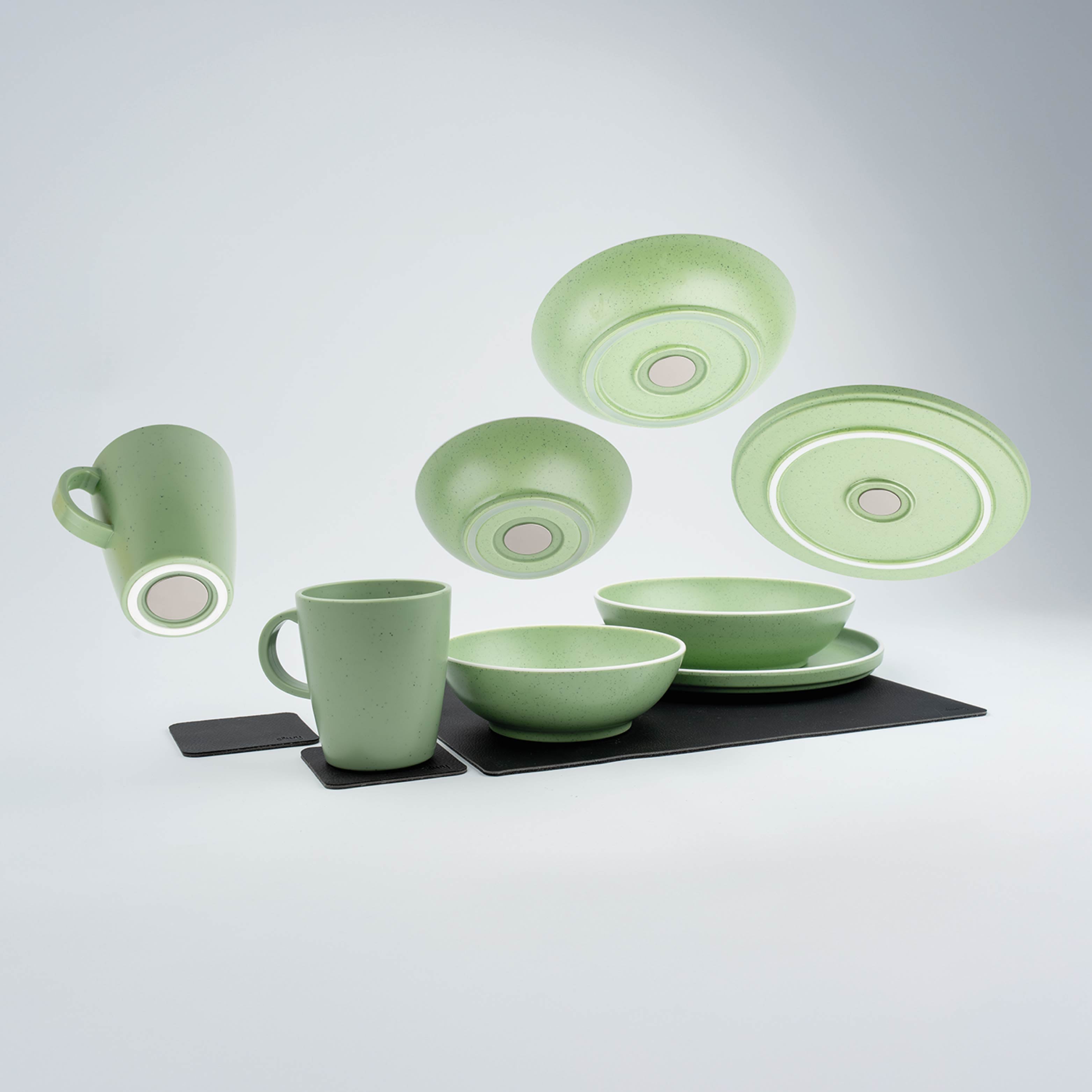 Durable Plastic Dinnerware Set with Magnet Base - Dolomite Green - Perfect for Outdoor Picnics, Camping & RV Travel