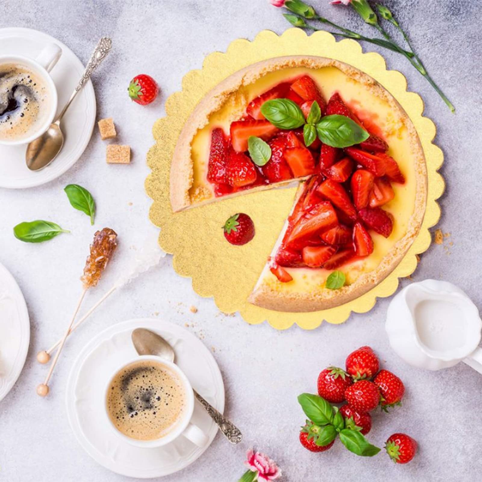 **8 Inch Round Cake Base Board - Gold & Silver 3mm Reusable Lace Decorated Cake Stand for Strawberry, Mousse, Muffin & Biscuit Cakes - Perfect for Weddings, Birthdays & Baking Parties**