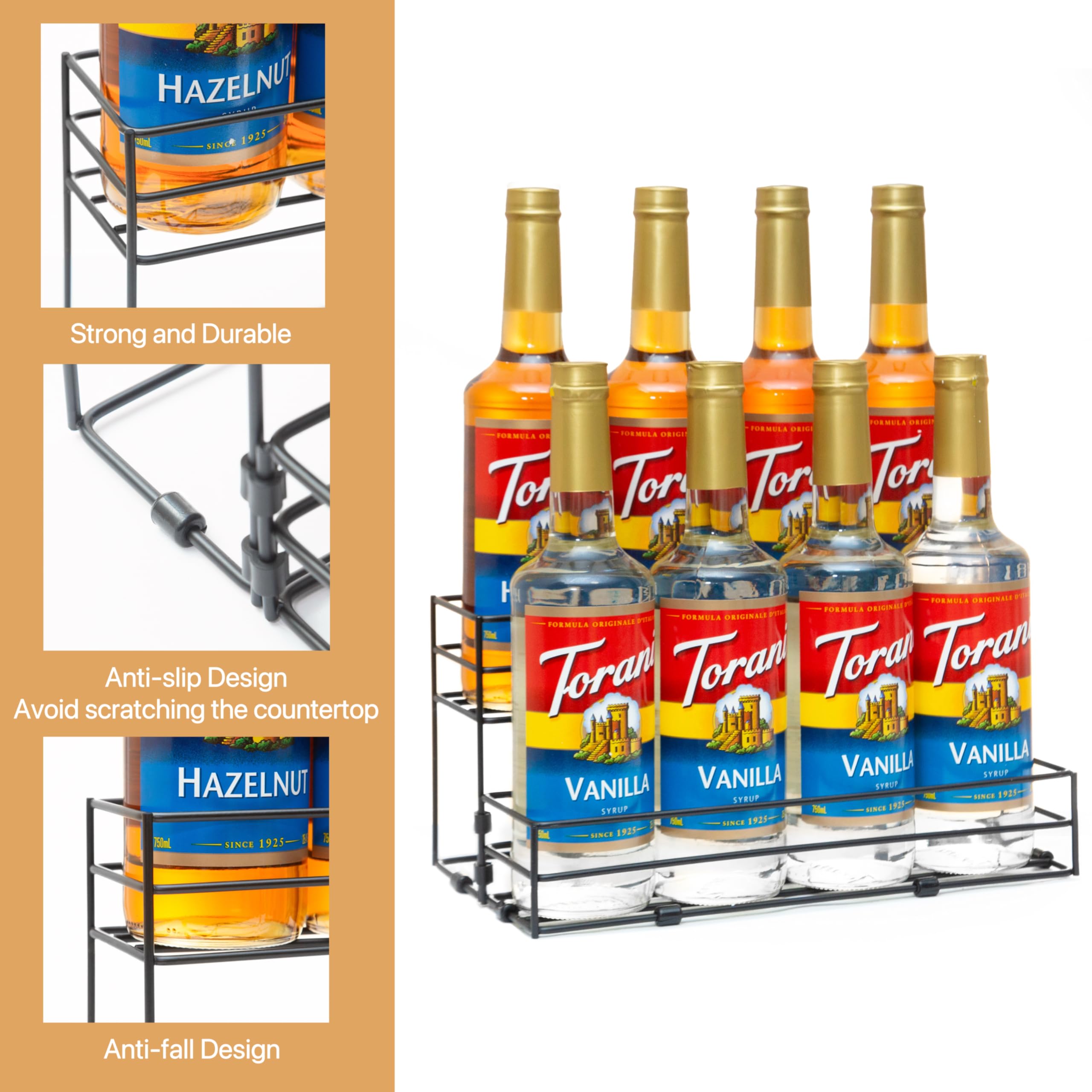 8 Bottle Coffee Syrup Rack Organizer - 2 Tier Countertop Stand for Coffee Bar, Wine & Cocktail Bottles - Perfect for Home Bars, Cafes & Restaurants Display