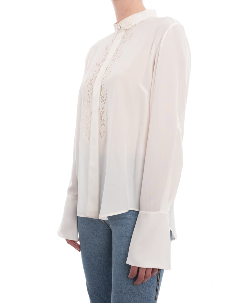 Chloe Women's Milk White Silk Blouse with Elegant Lace Inset - Size M | Perfect for Office Wear, Date Night & Special Occasions