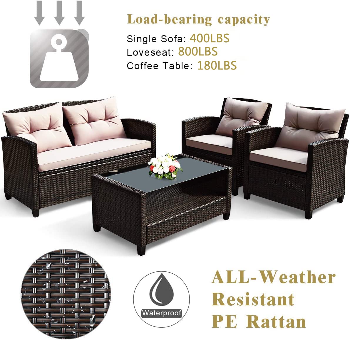 HAPPYGRILL 4-Piece Rattan Wicker Patio Conversation Set with Loveseat, 2 Chairs & Coffee Table - Outdoor Indoor Furniture for Backyard, Porch, Garden, Poolside, Balcony - Perfect for Relaxing, Entertaining & Lounging