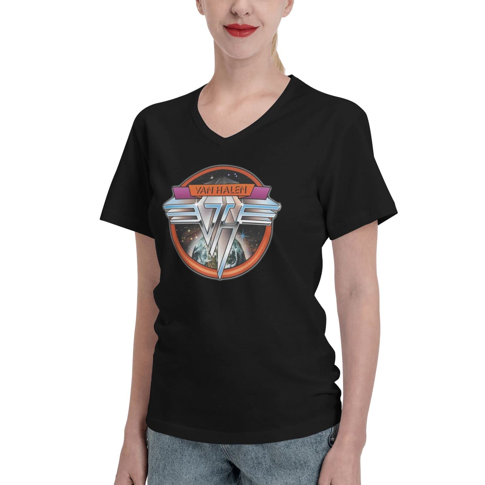 KyleCServaiss Women's Comfortable V-Neck Short Sleeve T-Shirt | Vintage 1986 Van Halen Band Tee | Perfect for Concerts, Casual Wear & Music Lovers