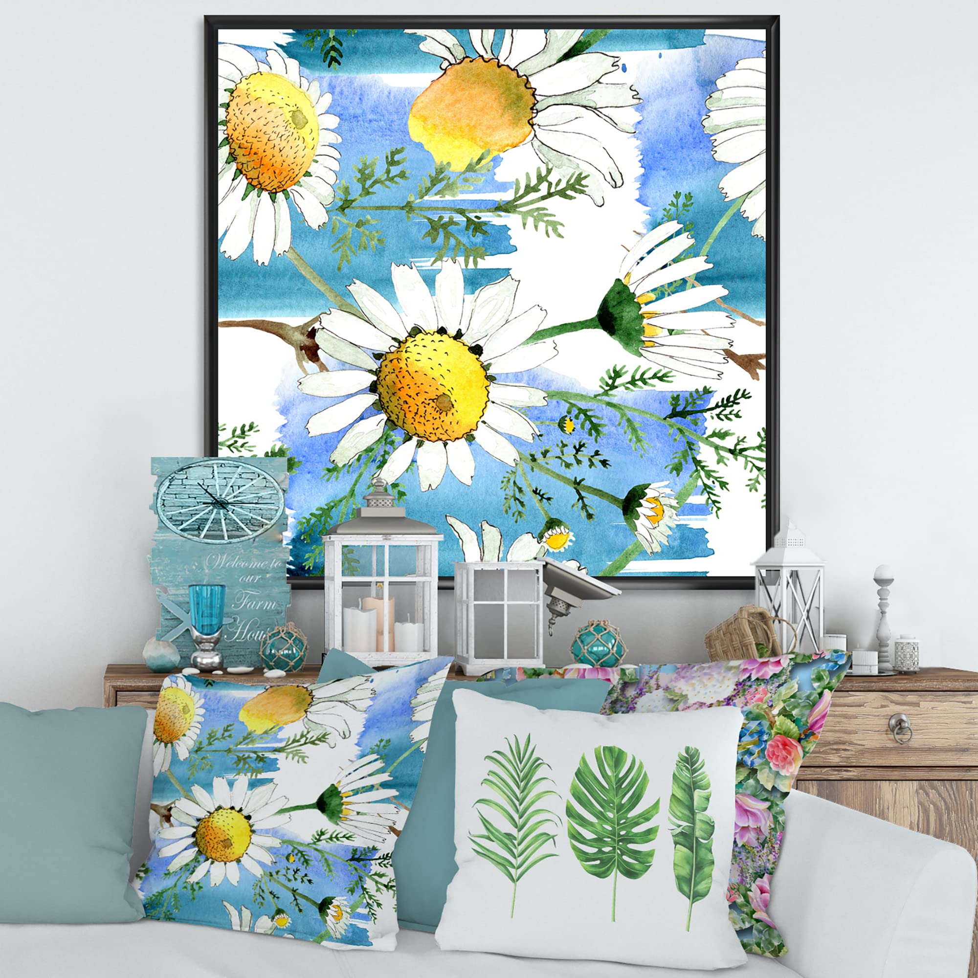 DesignQ Wild Spring Chamomile Flowers Framed Canvas Wall Art Print - Home Decor, Living Room, Bedroom, Office Wall Hanging