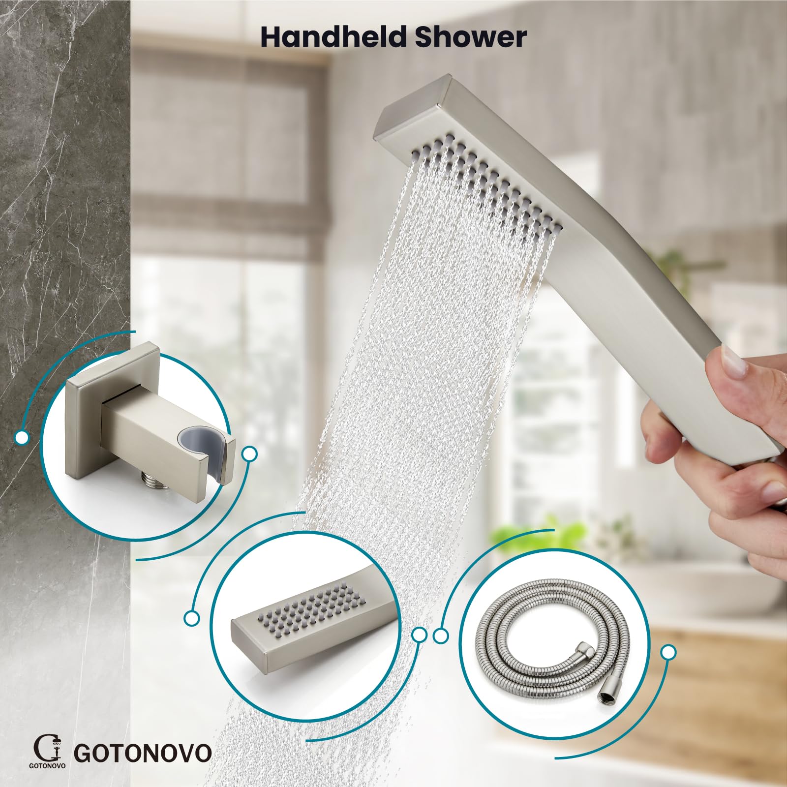 Gotonovo 3-Function Wall Mount Shower System Set with Rainfall Shower Head, Handheld Spray, and Tub Spout - 8 Inch Brushed Nickel Shower Faucet Combo with Rough-In Valve - Perfect for Bathroom Renovation and Modern Home Spa Experience