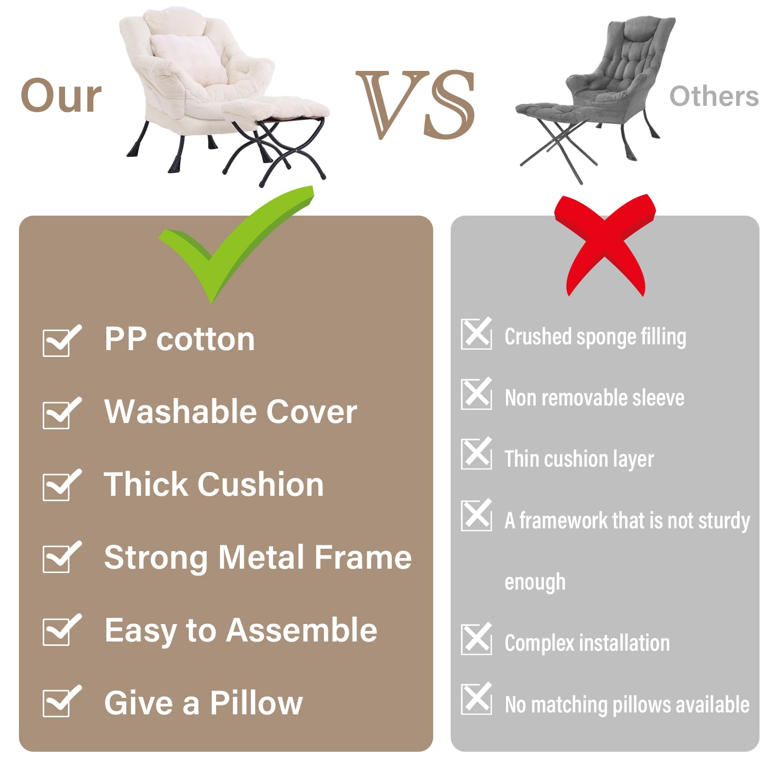 Large Lazy Chair with Ottoman - Plush Beige Accent Reading Chair with Throw Pillow, Cozy Lounge Armchair for Living Room, Bedroom & Dorm | Perfect for Relaxing, Reading & Napping