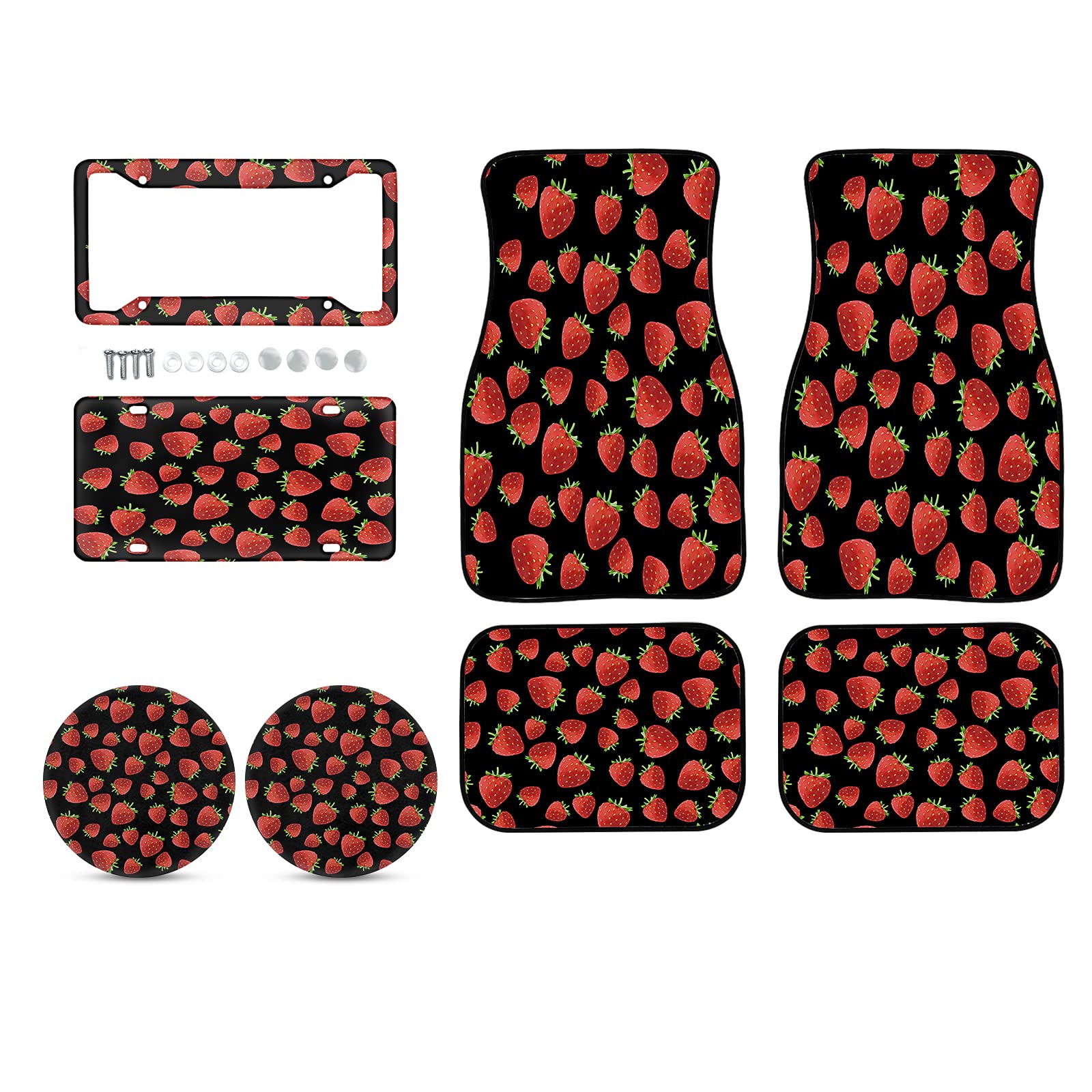 Dreaweet Strawberry Print Car License Plate Frame & Cover - Universal Fit for Cars & Trucks - 8-Piece Set Includes Cup Holder Coasters & Durable Floor Mats - Perfect for Customizing & Protecting Your Vehicle Interior & Exterior