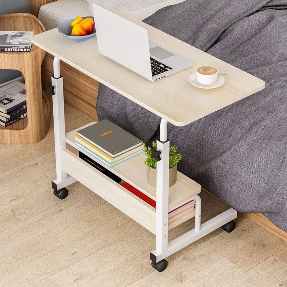 Adjustable Overbed Table with Wheels - Steel Frame Lifting Computer Desk with Double Shelves for Laptop, Notebook & Meal Tray - Perfect for Hospital, Home Office & Bedroom Use