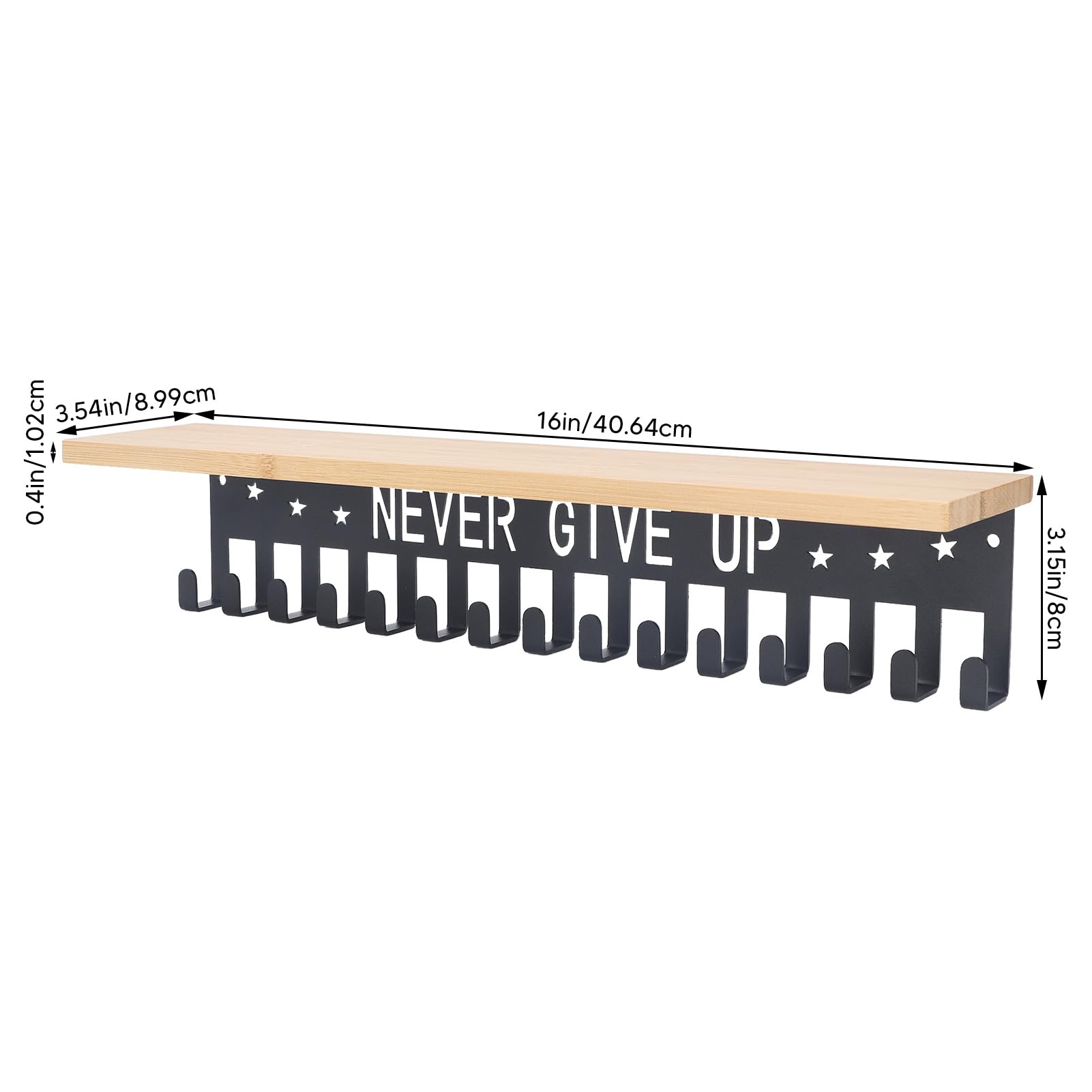 Metal Award Display Trophy Shelf with 20 Hooks - Wall Mounted Wooden Medal Holder for Sports Awards, Office Recognition & Home Decor