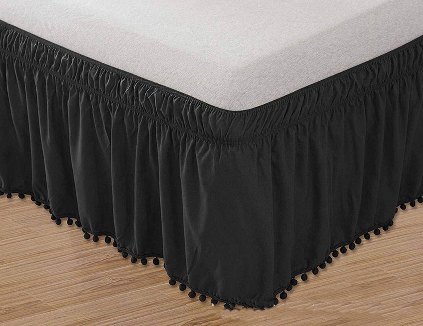 Elastic Tassel Pompom Bed Skirt - Breathable, Wrinkle & Fade Resistant, Easy On/Off - White Full Size (200x220+40cm) for Cozy Bedroom Decor | Perfect for Guest Rooms & Master Suites