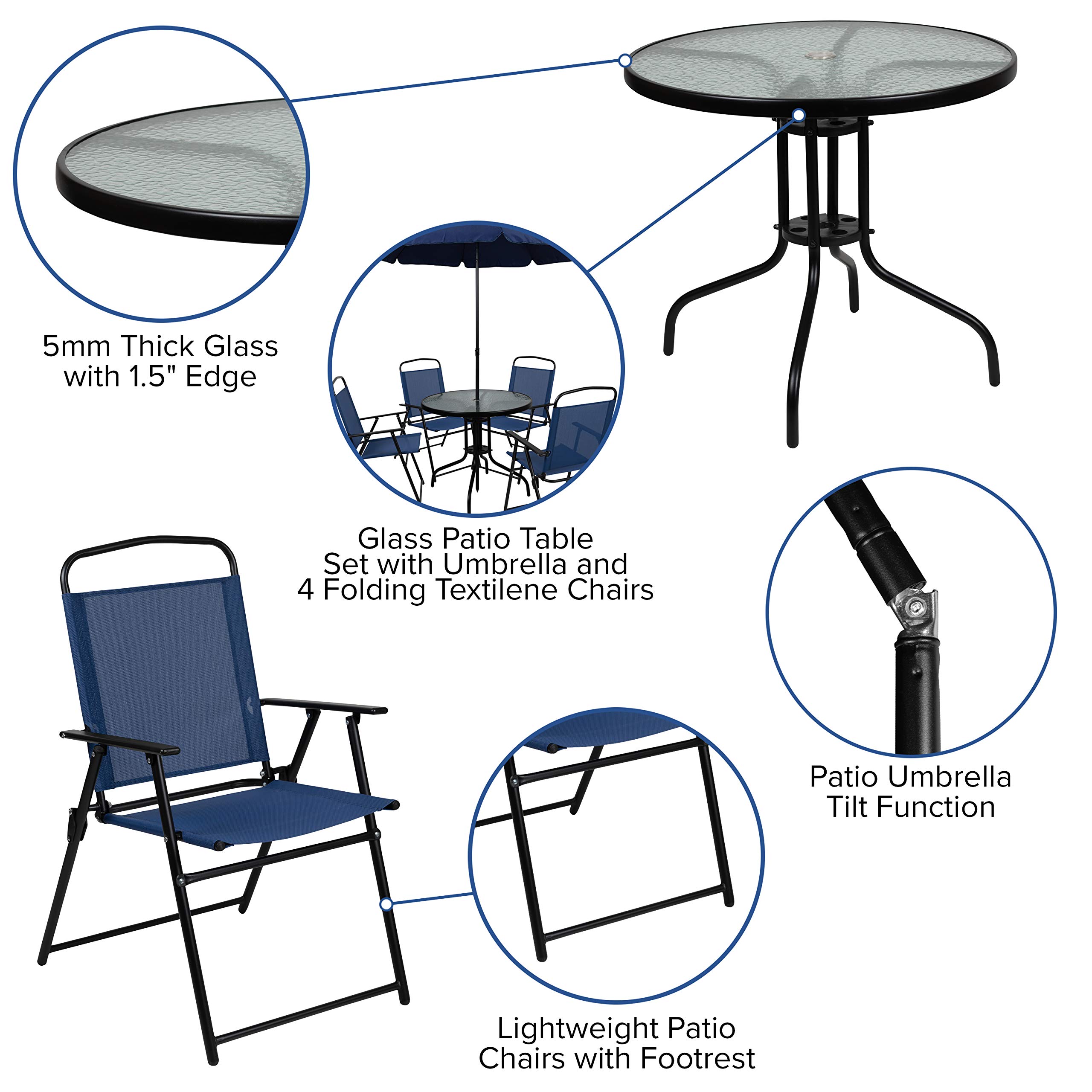 EMMA + OLIVER 6-Piece Navy Blue Outdoor Patio Furniture Set with Glass Table, Sun Umbrella & 4 Foldable Chairs - Perfect for Garden, Backyard, Poolside & Outdoor Dining