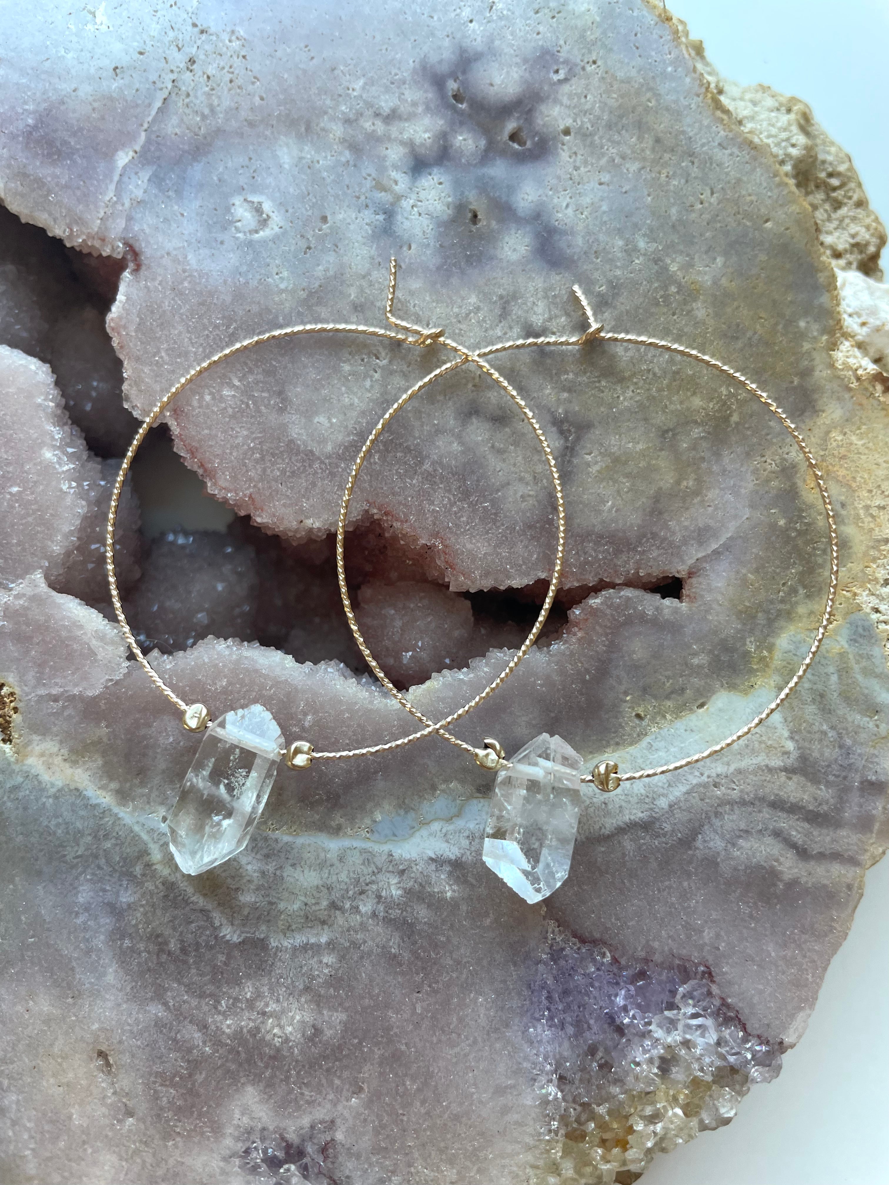 Thin Single Clear Quartz Boho Hoop Earrings for Women - Minimalist Crystal Dangle Earrings for Everyday Wear, Boho Chic Jewelry for Casual Outfits & Special Occasions