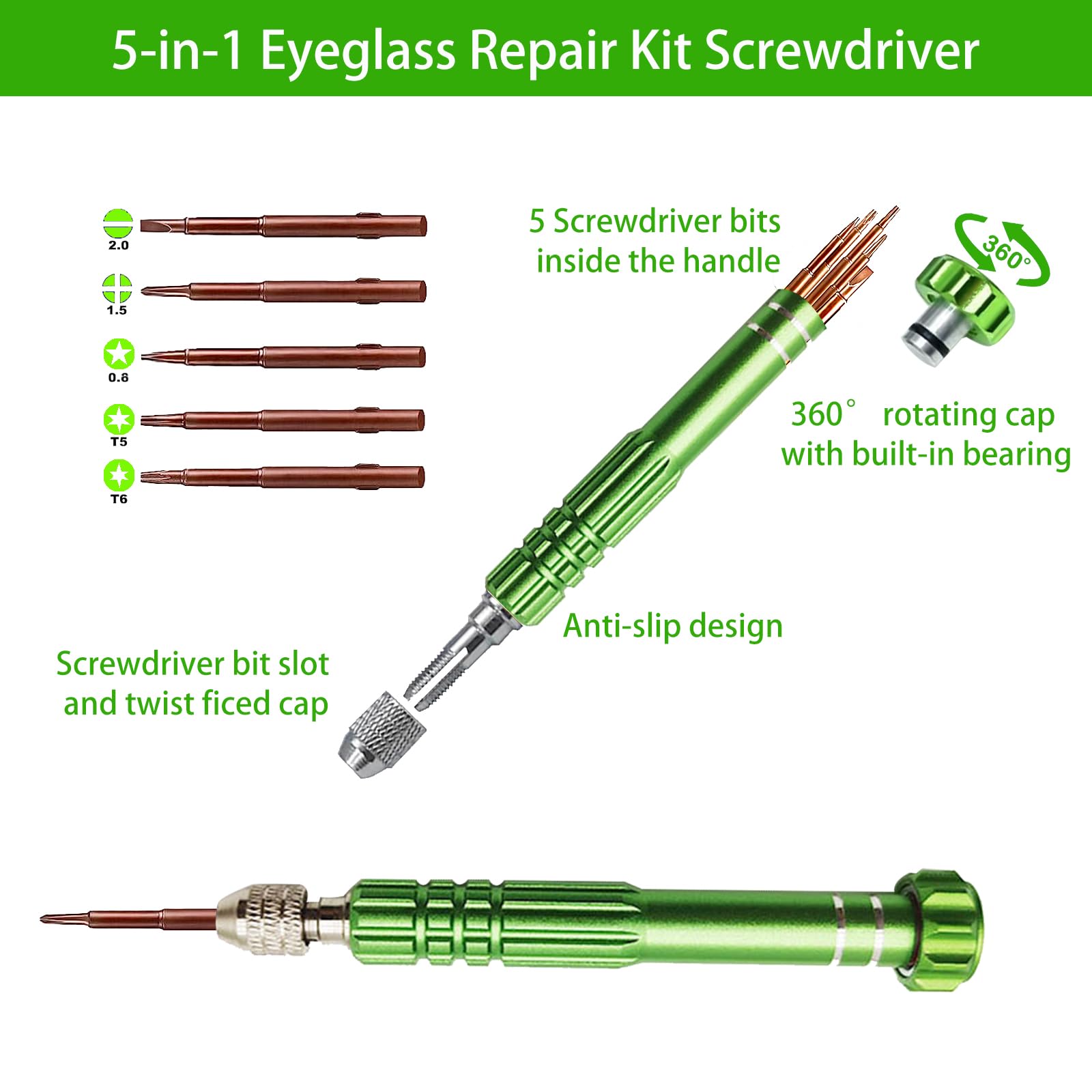5-in-1 Eyeglass Repair Kit with 3-in-1 Multifunctional Screwdriver Set | Premium Phone, Sunglasses, Watch & Electronics Repair Tools | Compact & Portable for Home, Office & Travel (Green)