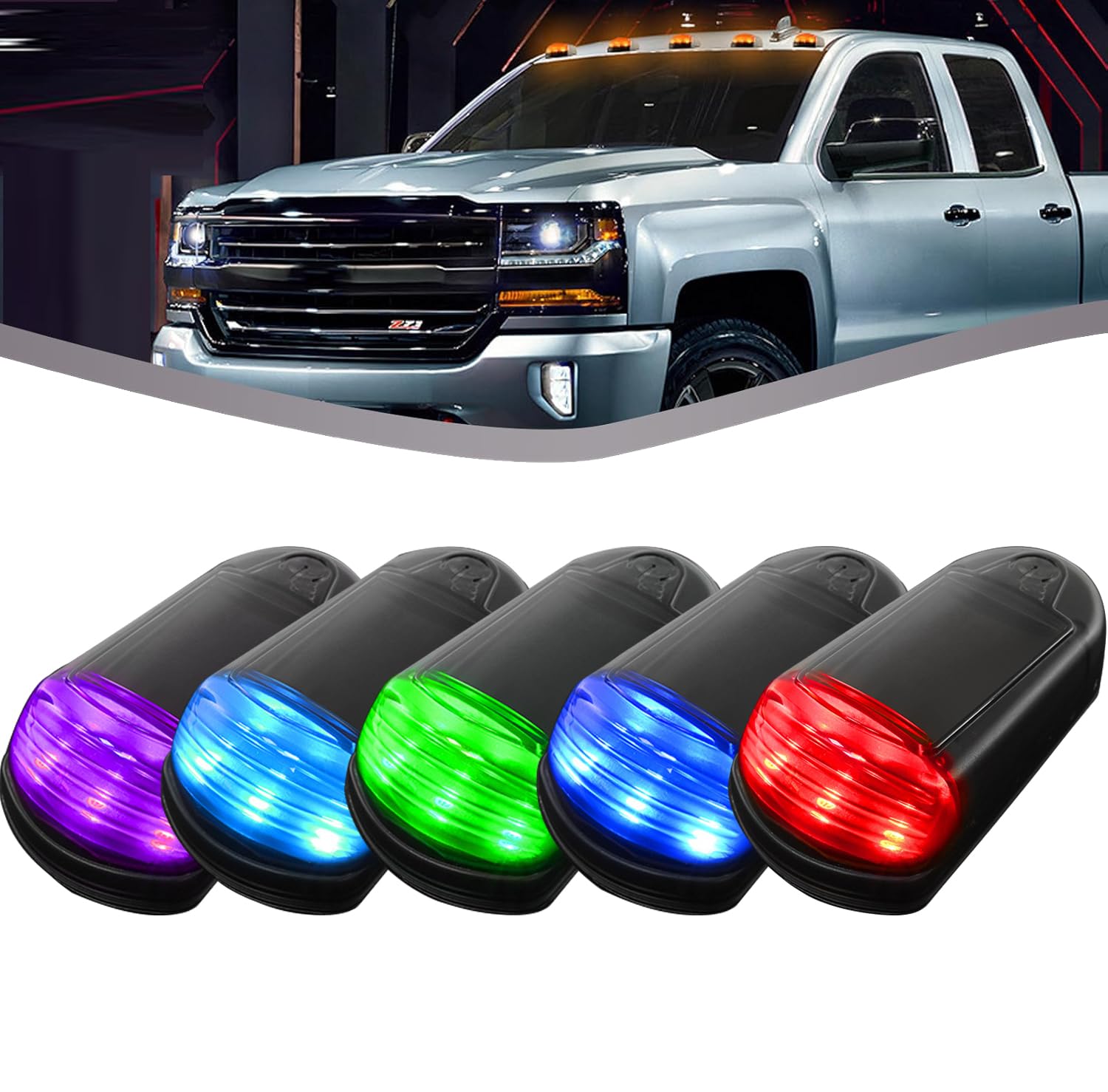 Solar Truck Cab Lights - Wireless LED, No Wiring - for Cars & Trucks (5-Pack, 7 Colors)