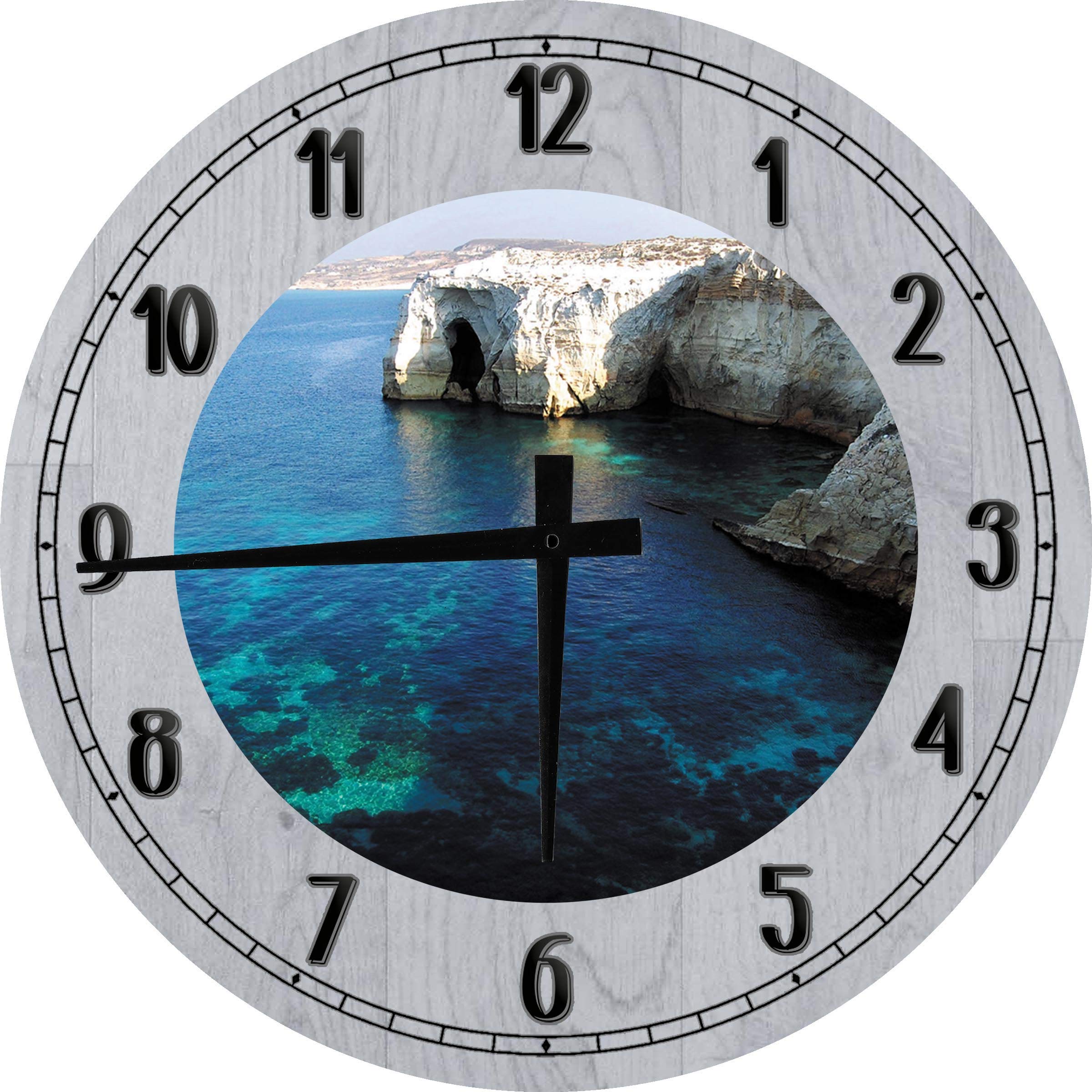 24 Inch Large Round Wall Clock - Battery Operated Gray Ocean Cliff Decor for Living Room, Bedroom & Office | Clear Water Hidden Vacation Spot Wall Art