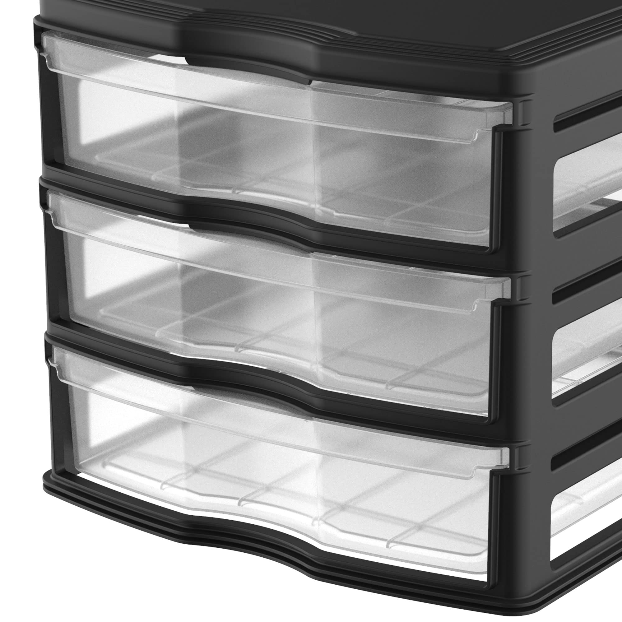 3-Pack Black Stackable Plastic Drawers for Bathroom, Makeup & Pantry Organization - Space-Saving Storage Solution