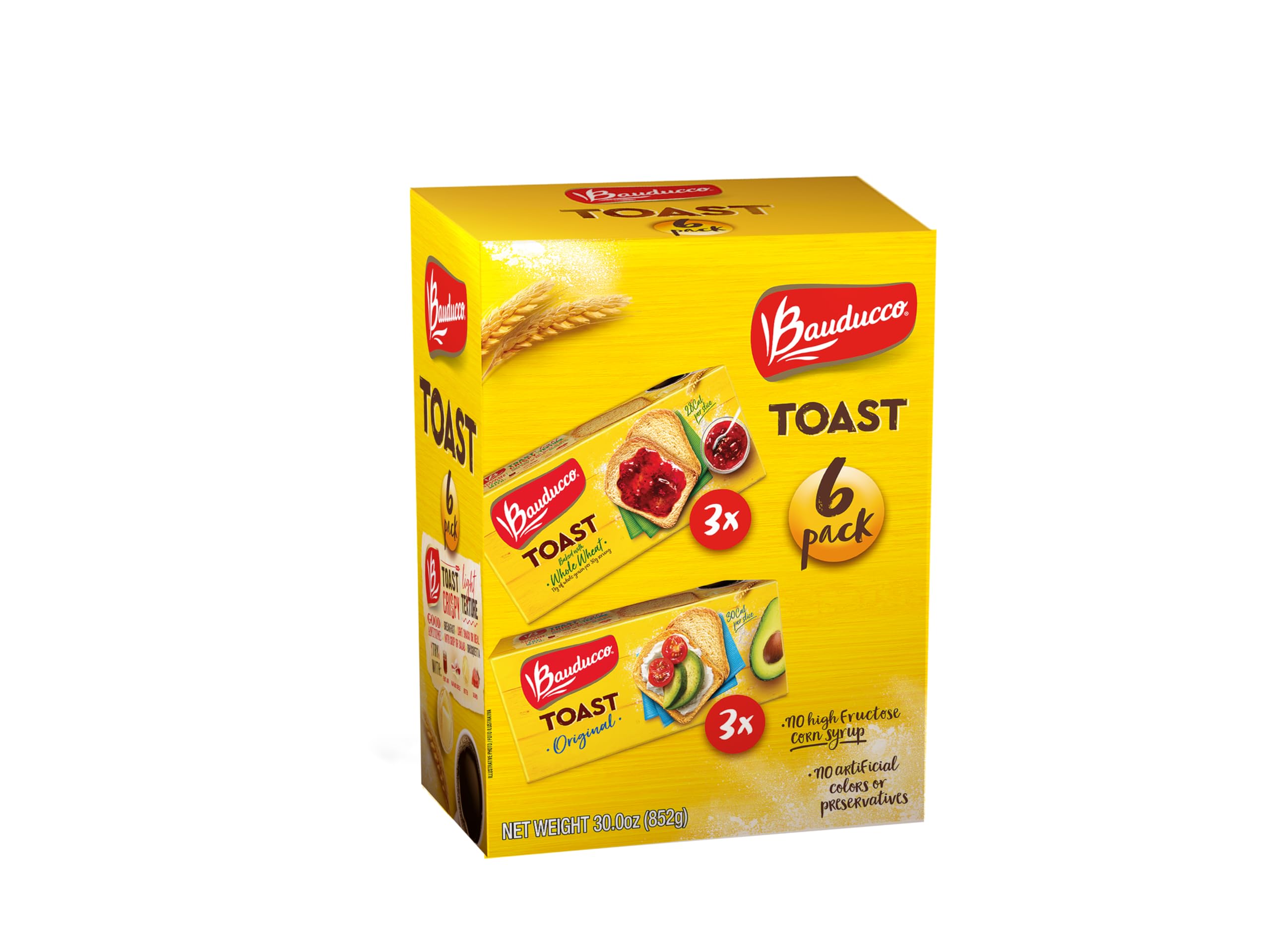 Bauducco Toast - Original & Whole Wheat Toasted Bread - Light, Crispy & Delicious - Ready-to-Eat Breakfast Toast & Sandwich Bread - No Artificial Flavors - 30 oz (Pack of 6) - Perfect for Breakfast, Snacks & Quick Meals