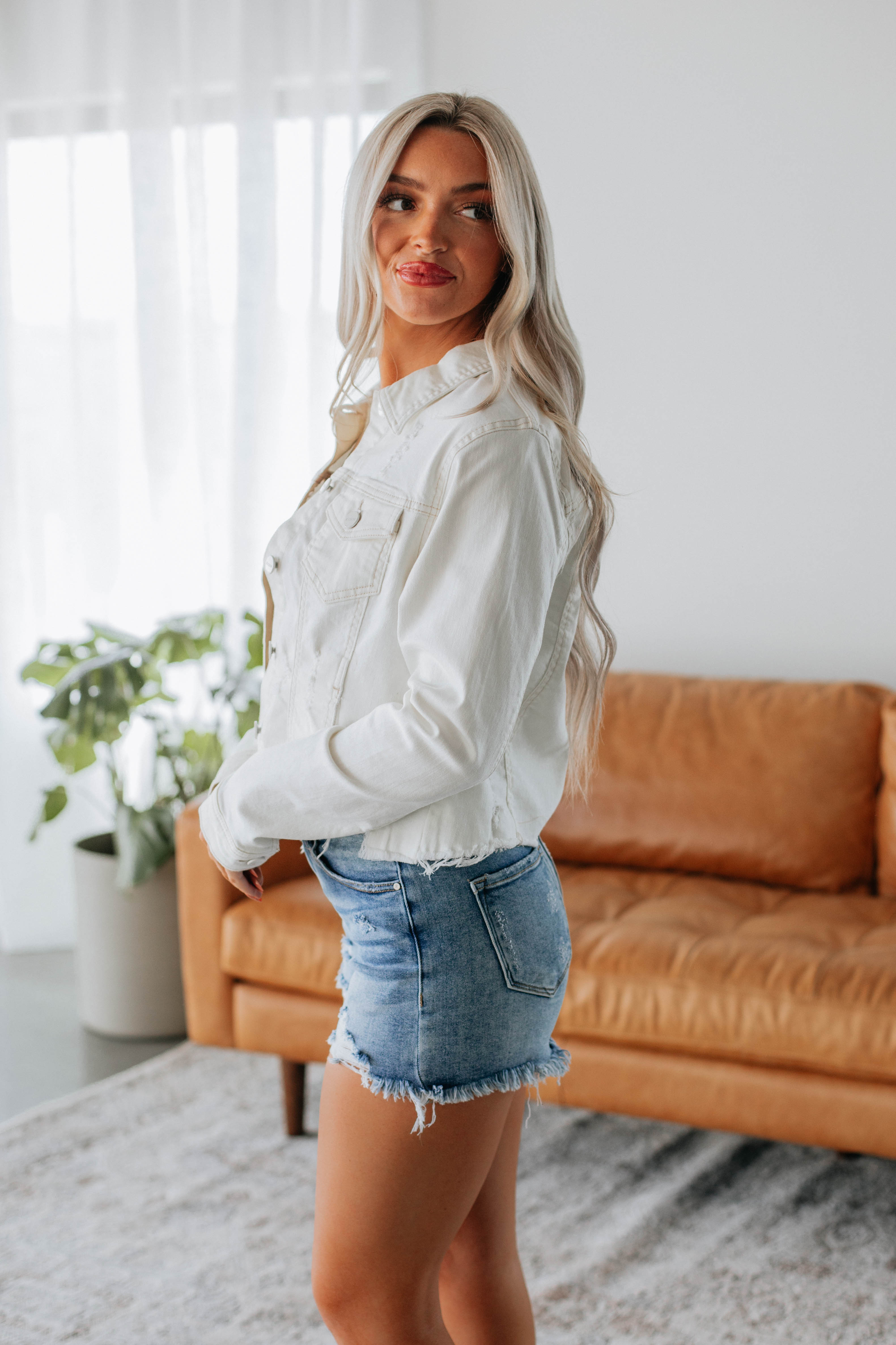 Gemma Risen Women's Denim Jacket in Cream - Stylish Lightweight Distressed Denim Coat for Casual Outfits & Spring Layering