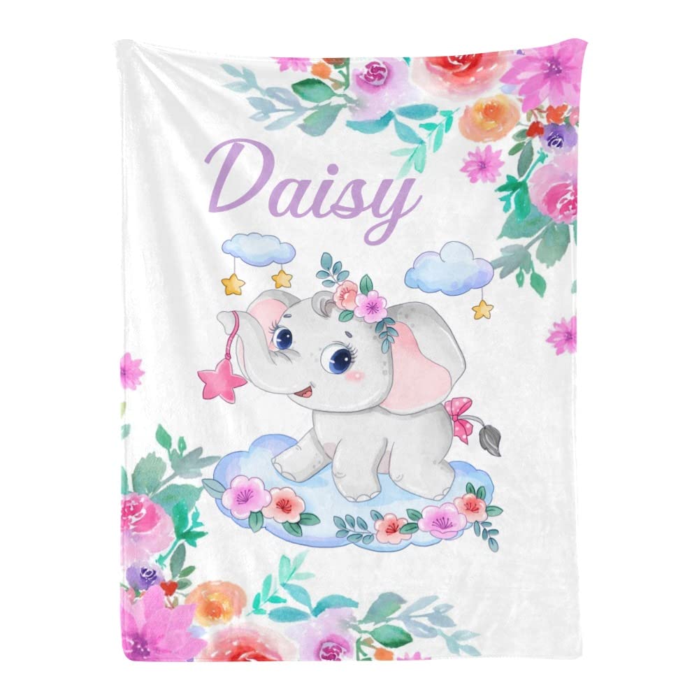 Personalized Kids Fleece Blanket with Name - Custom Animal Elephant & Flowers Design - Soft Baby Throw Blanket for Bed, Couch & Nursery (30
