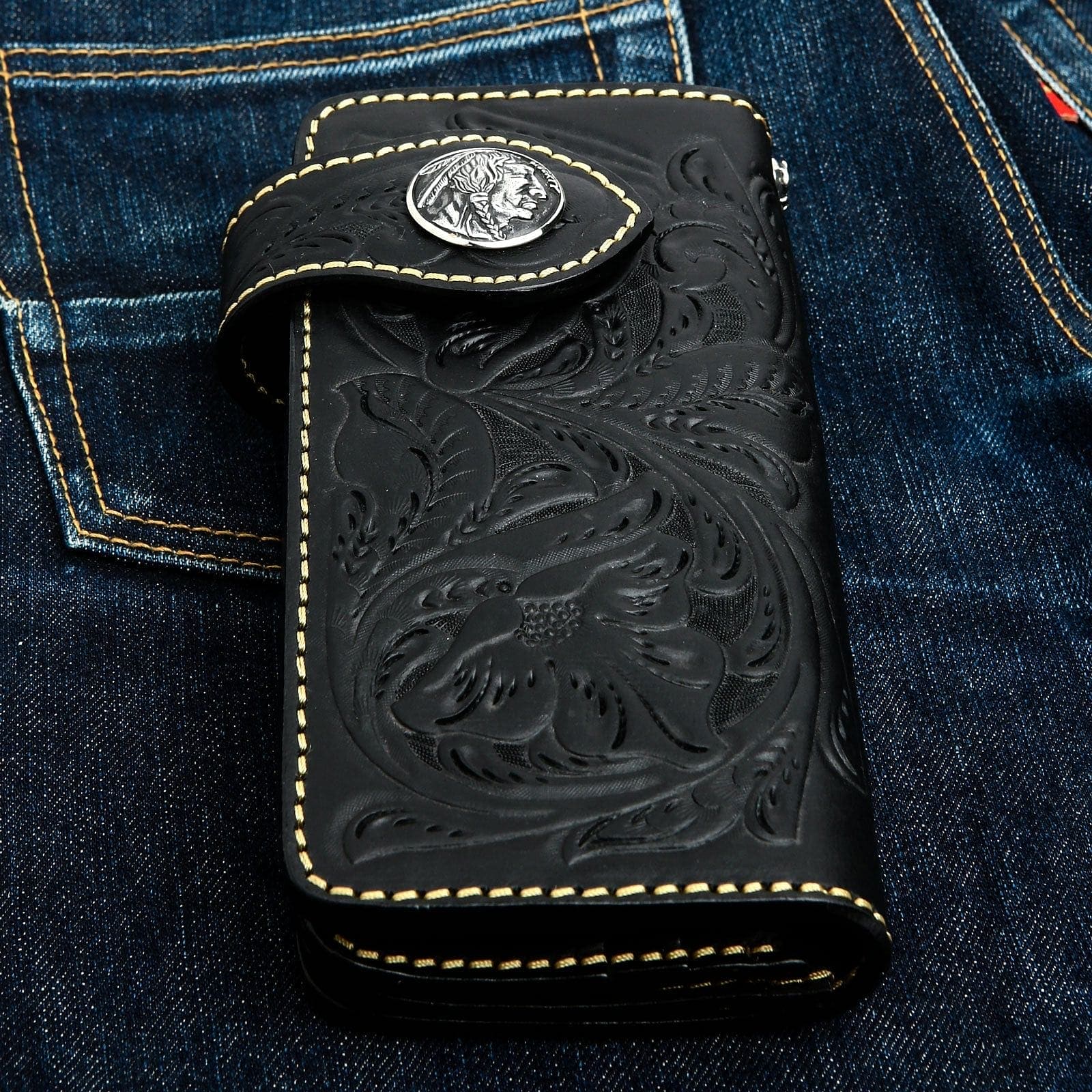 Genuine Black Cowhide Leather Western Biker Wallet for Men - Stylish & Durable RFID Blocking Billfold for Motorcycle Riders, Travel & Everyday Use