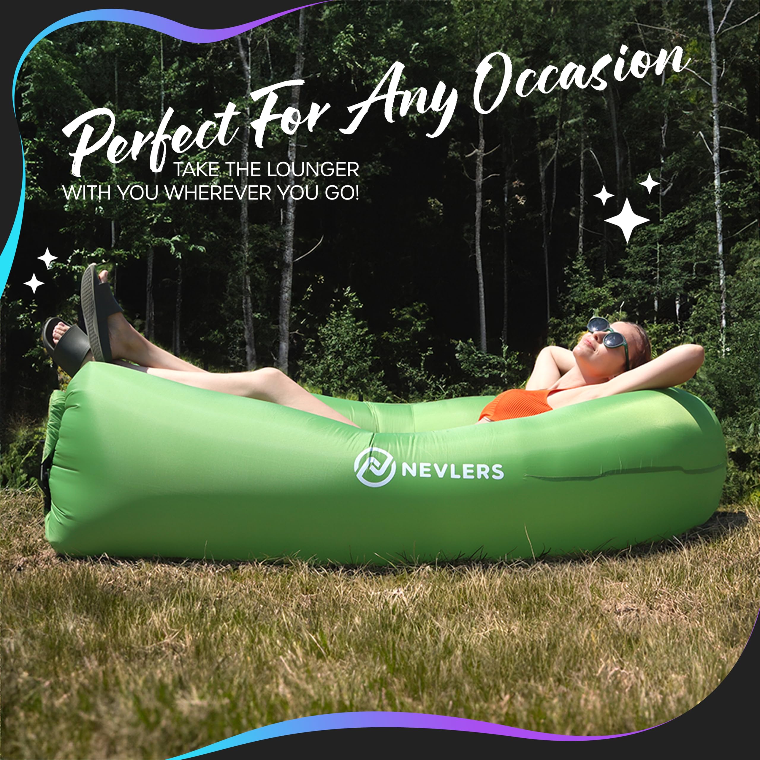 Nevlers Inflatable Lounger - 210T Polyester Portable Air Sofa Bed with 450 lbs Capacity, No Pump Needed, Built-in Pockets & Carry Bag - Perfect for Camping, Beach, Poolside, Indoor & Outdoor Use for Adults and Kids