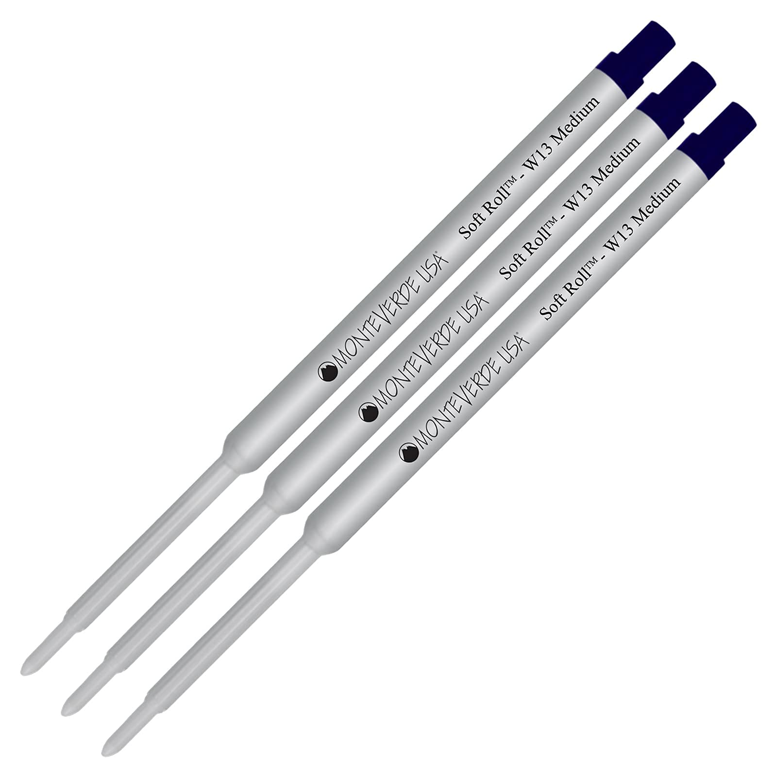 Monteverde Soft Roll Ballpoint Ink Refills 3-Pack - W13 Paste Ink Refill Compatible with Waterman Style Pens - Medium Tip 0.7mm Blue Black - Perfect for Office, School & Everyday Writing