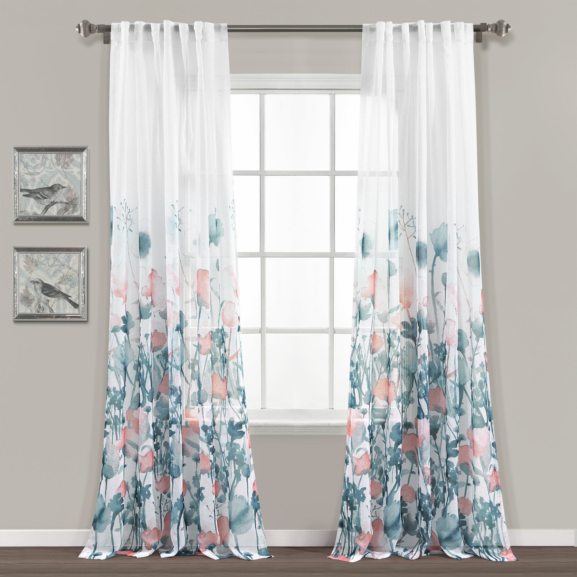 Zuri Flora Sheer Window Curtain Panel Set - Light Filtering Sheer Curtains for Living Room, Bedroom & Kitchen - Elegant Floral Design for Privacy & Sun Protection