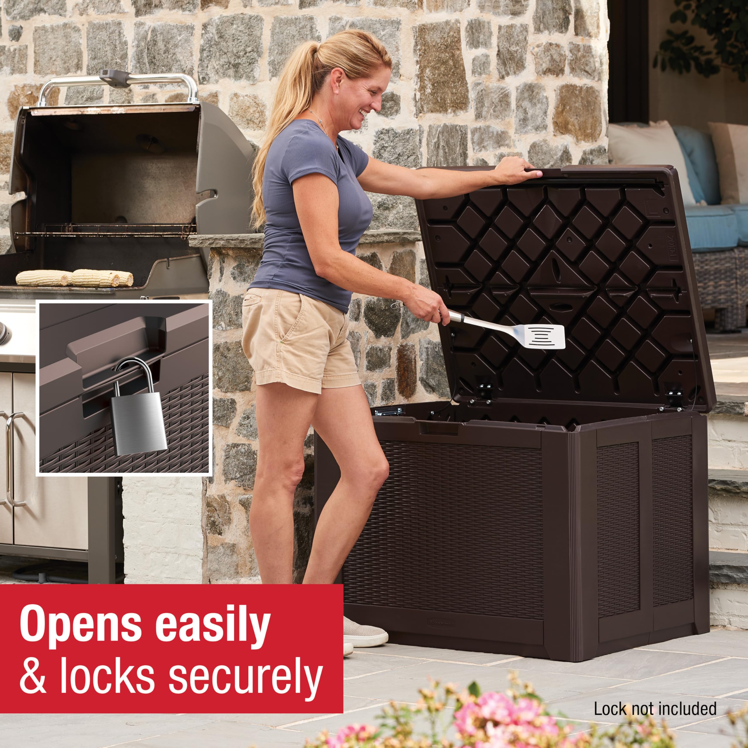 Rubbermaid 74-Gallon Medium Resin Outdoor Storage Deck Box - Weatherproof Brown Deck Organizer for Pool Toys, Garden Tools, Patio Cushions & Backyard Accessories | Perfect for Poolside, Patio & Garage Storage