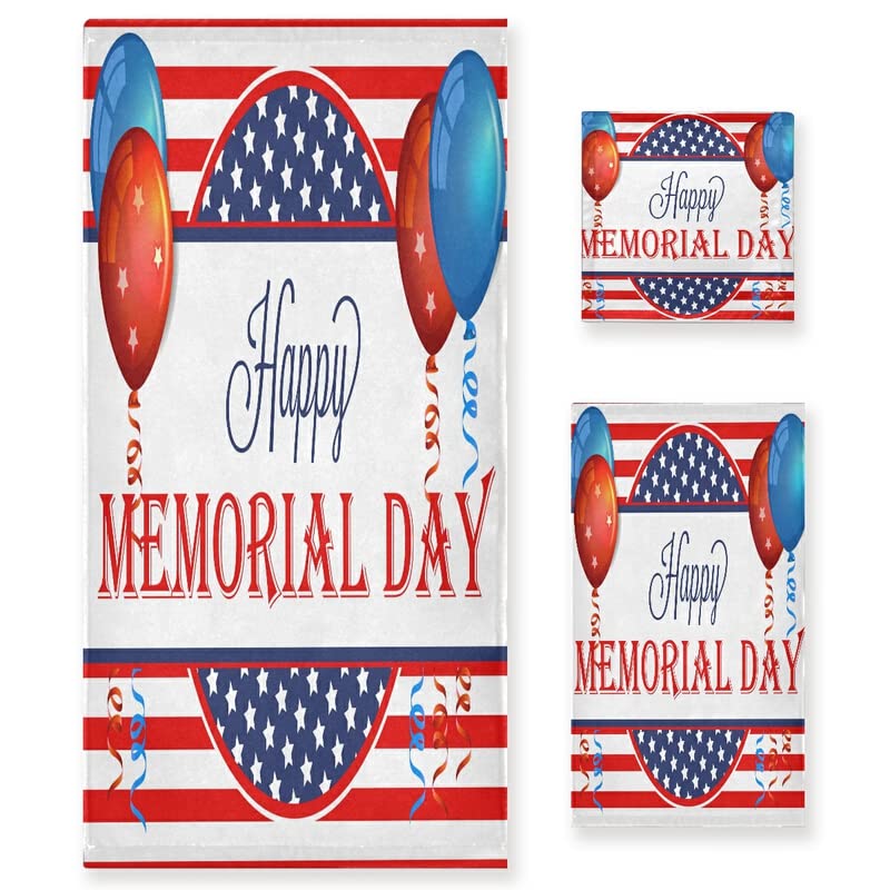 QUGRL Memorial Day Towels Set of 3 - American Flag Patriotic Bath Towels, Hand Towels & Washcloths | Super Soft Luxury Cotton Towel Set for Bathroom, Kitchen, Hotel, Beach, Gym & Spa | Perfect for 4th of July, Veterans Day & Patriotic Home Decor