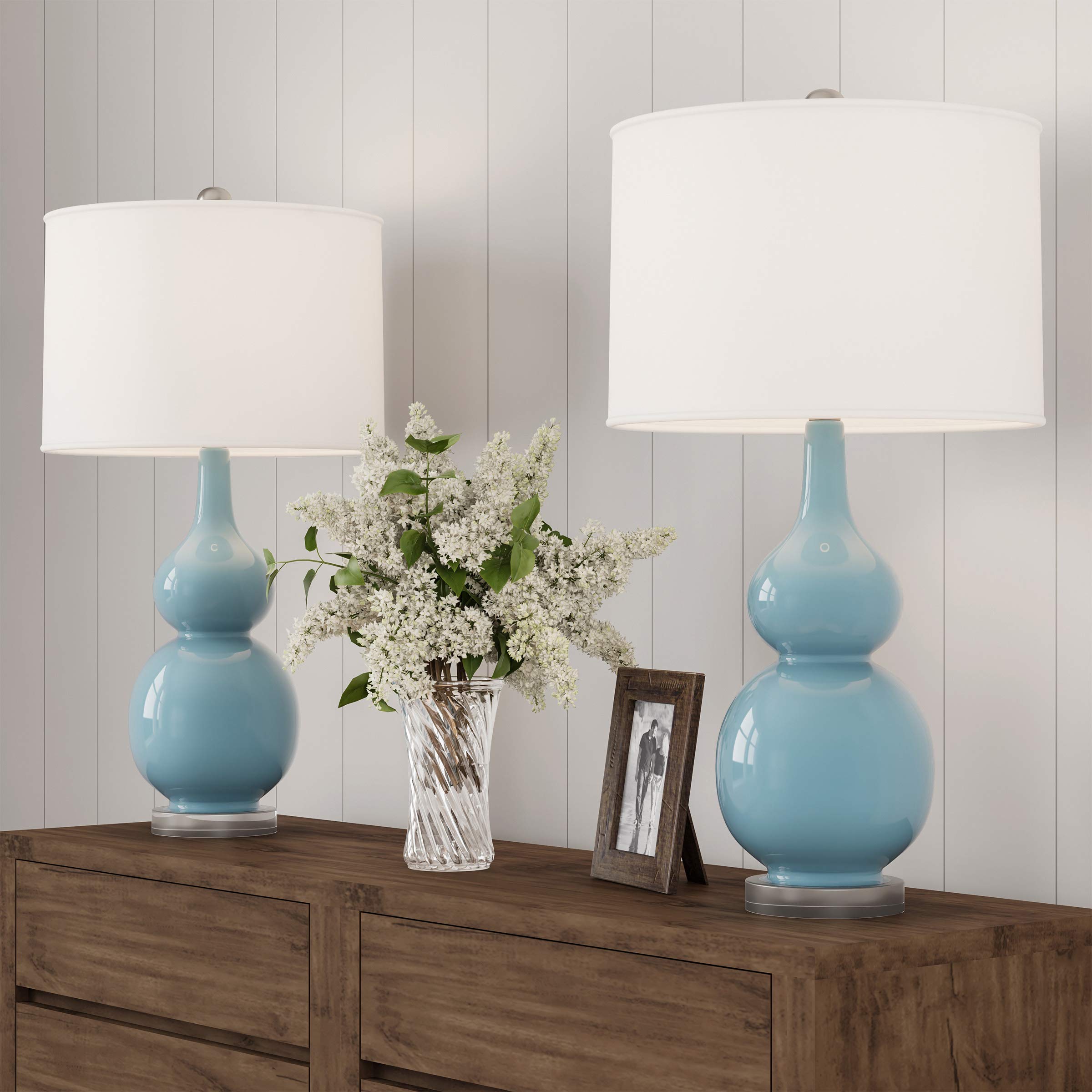 Vintage Style Double Gourd Ceramic Table Lamps Set of 2 - Blue LED Bedside Lamps for Living Room, Bedroom & Office Decor | Perfect for Nightstands, Bookshelves and Home Accent Lighting