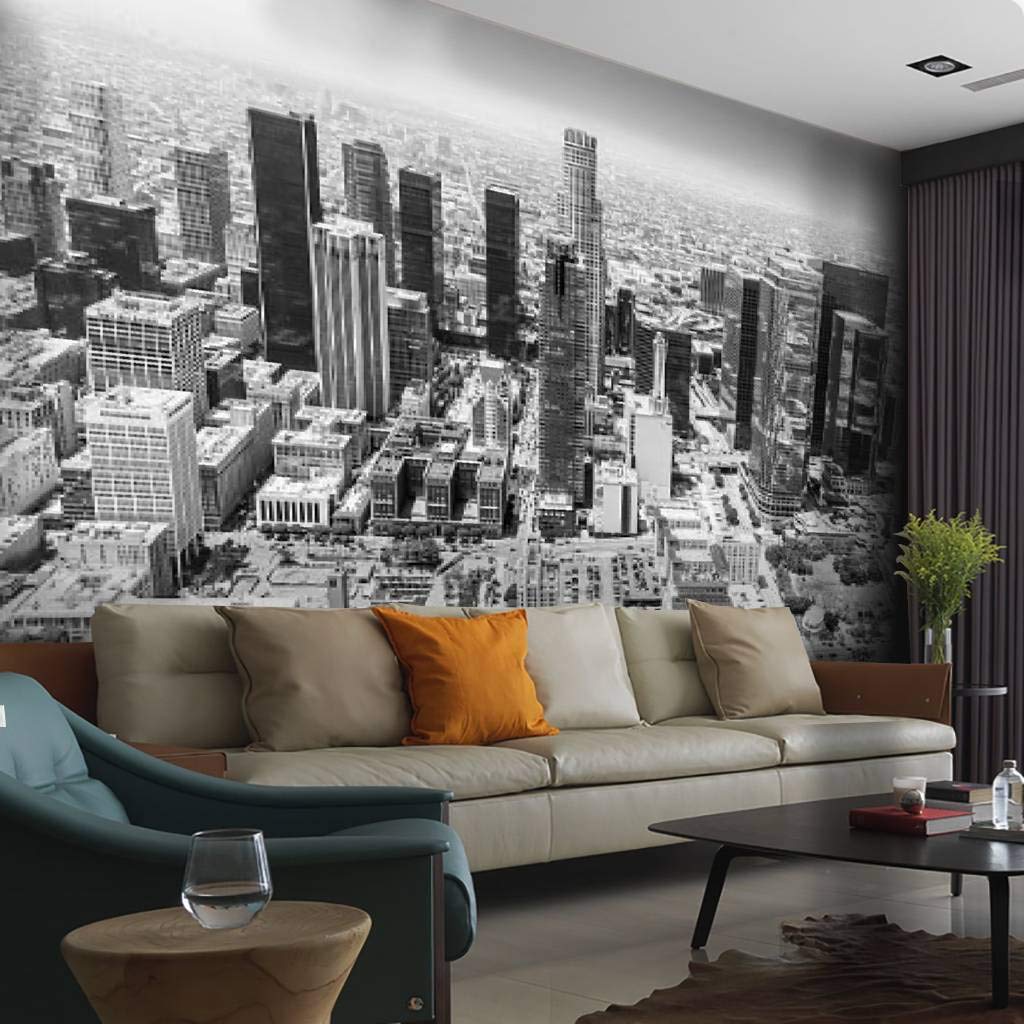 Monochrome DTLA Skyline Peel and Stick Wallpaper - Black and White Self-Adhesive Vinyl Wall Mural - Removable Large Wall Sticker for Home Decor, Living Room, Bedroom & Office