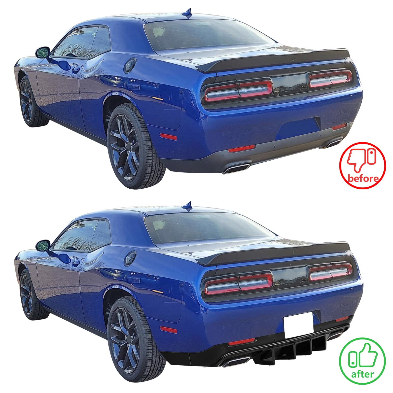 IKON MOTORSPORTS Rear Diffuser for 2015-2023 Dodge Challenger | V1 Style Gloss Black PP Rear Bumper Lip Spoiler with Shark Fins | Enhances Aerodynamics & Sporty Look | Perfect for Car Enthusiasts & Street Racing
