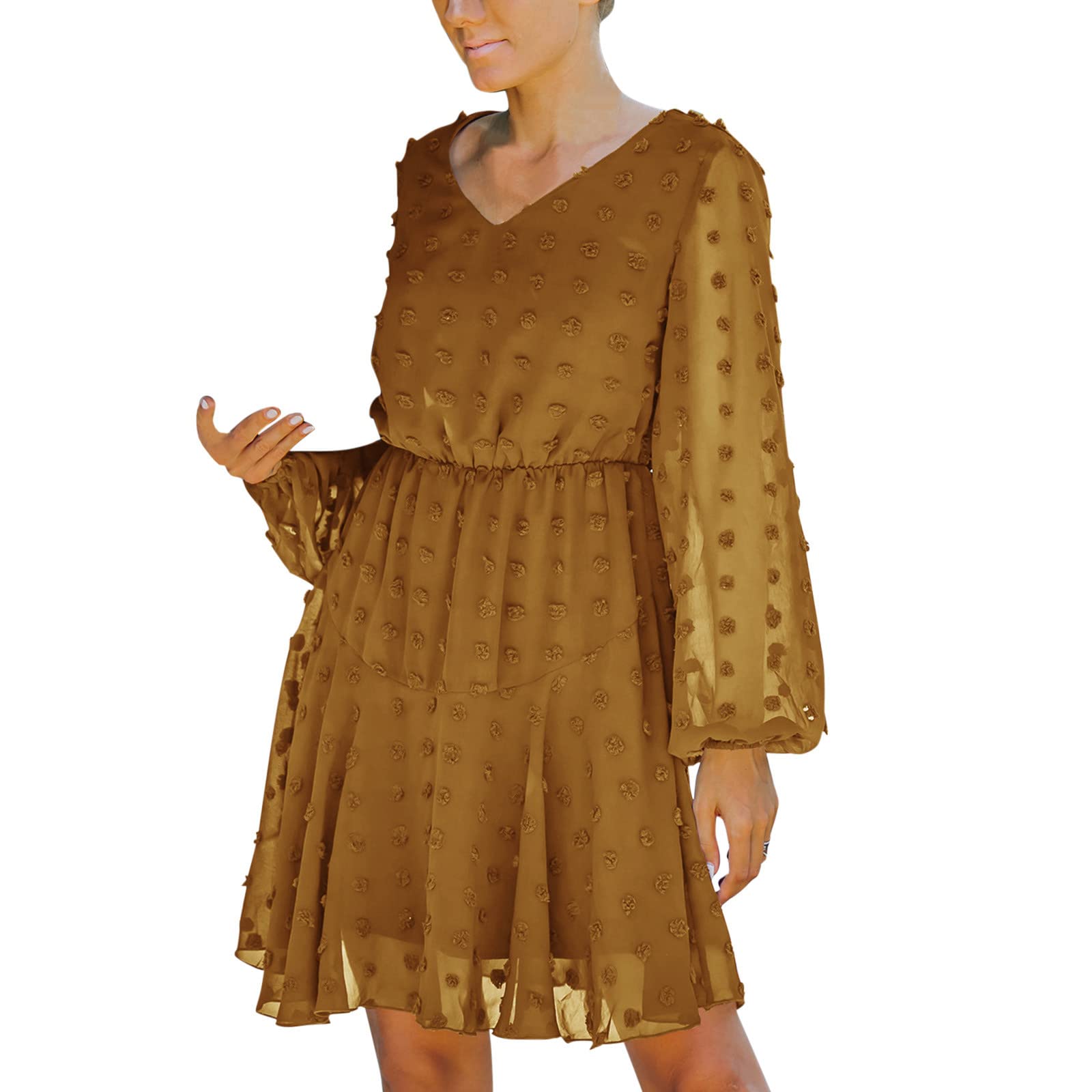 Women's Casual Long Sleeve V-Neck Jacquard Mini Dress - Summer Flowy Dot Print Short Dress with One Sleeve - Perfect for Beach Outings, Date Nights & Summer Parties