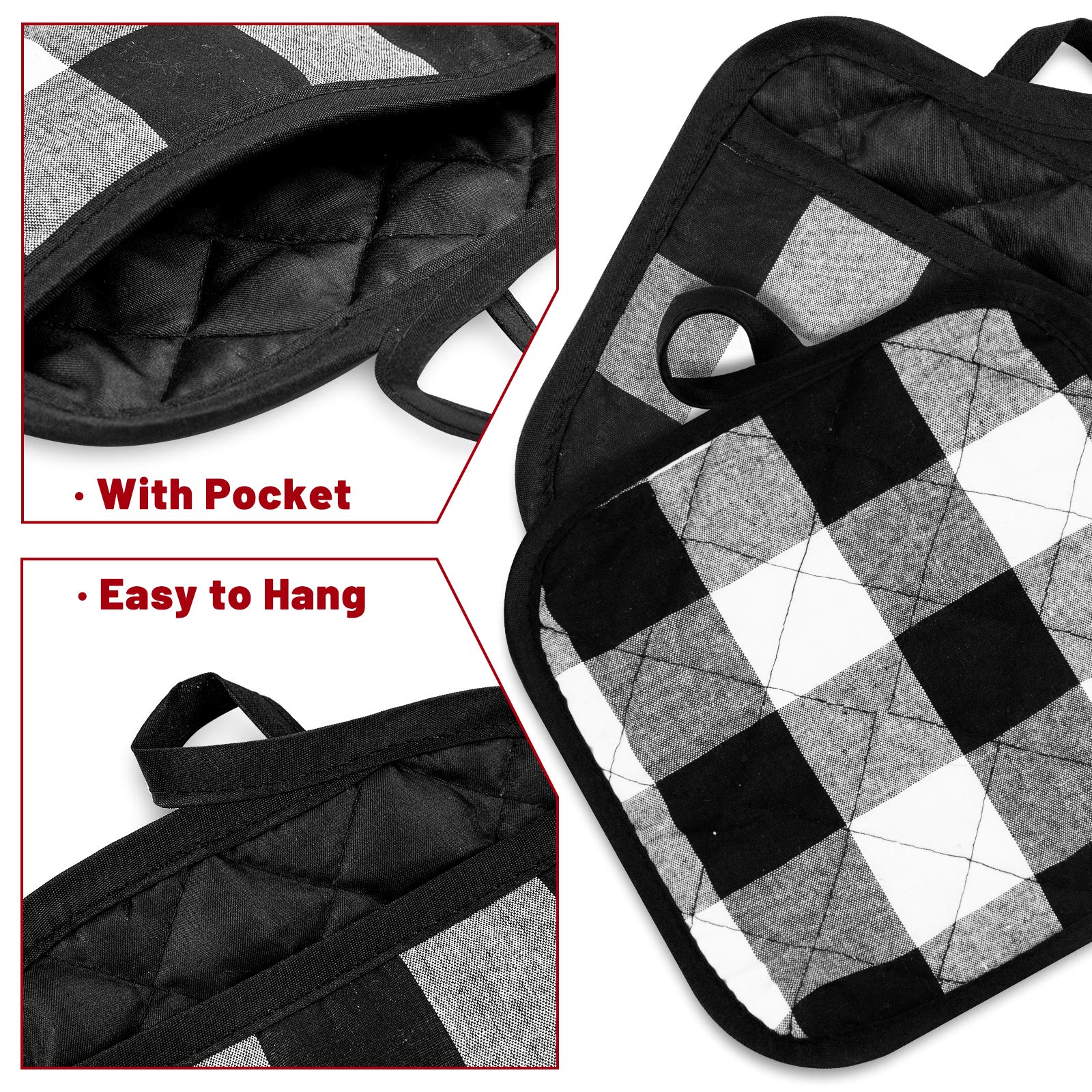 Whaline 6-Piece Christmas Buffalo Plaid Hot Pot Holders Set - Cotton Heat Resistant Oven Mitts with Pockets for Kitchen Cooking, Baking & Holiday Decor (White & Black) - Perfect for Holiday Parties, Family Gatherings & Festive Kitchen Protection
