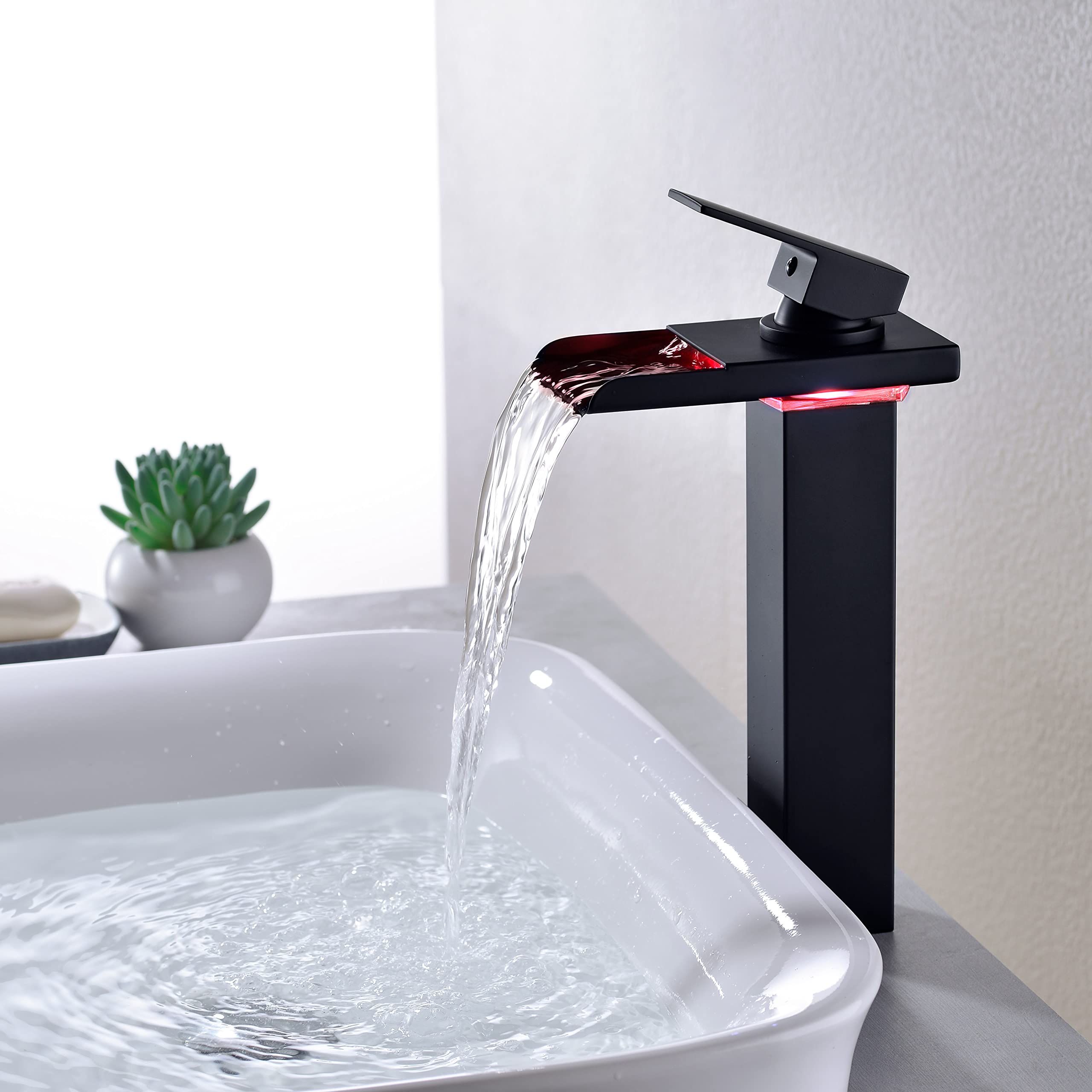 Ximlike Black LED Waterfall Bathroom Vessel Faucet - Single Handle Tall Brass Sink Faucet with Water Supply Hoses | Modern Bathroom Vanity & Vessel Sink Upgrade for Home & Hotel