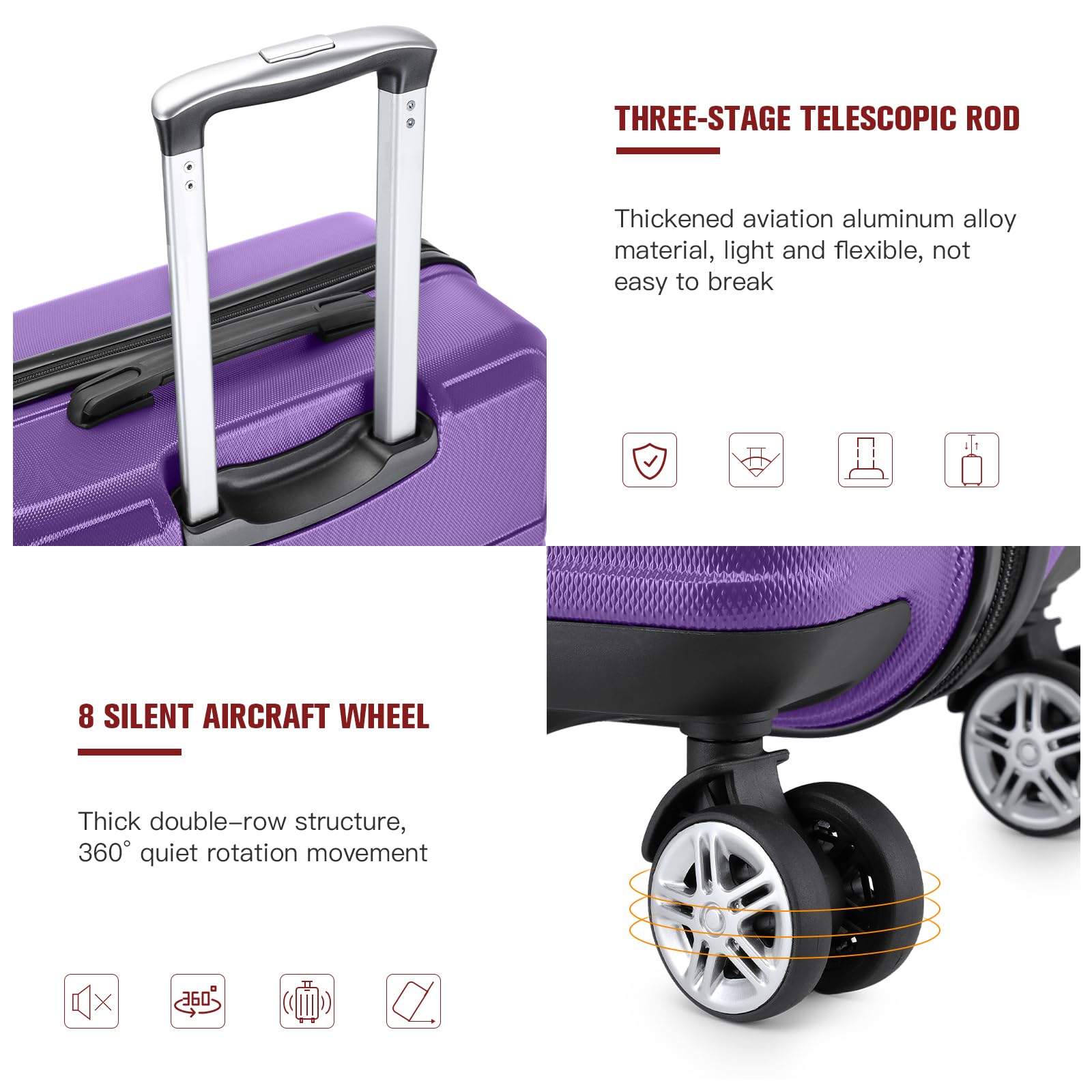 Kono 20'' Lightweight Hardside Carry-On Luggage with Spinner Wheels & TSA Lock - Airline Approved Purple Suitcase for Travel, Business Trips & Weekend Getaways