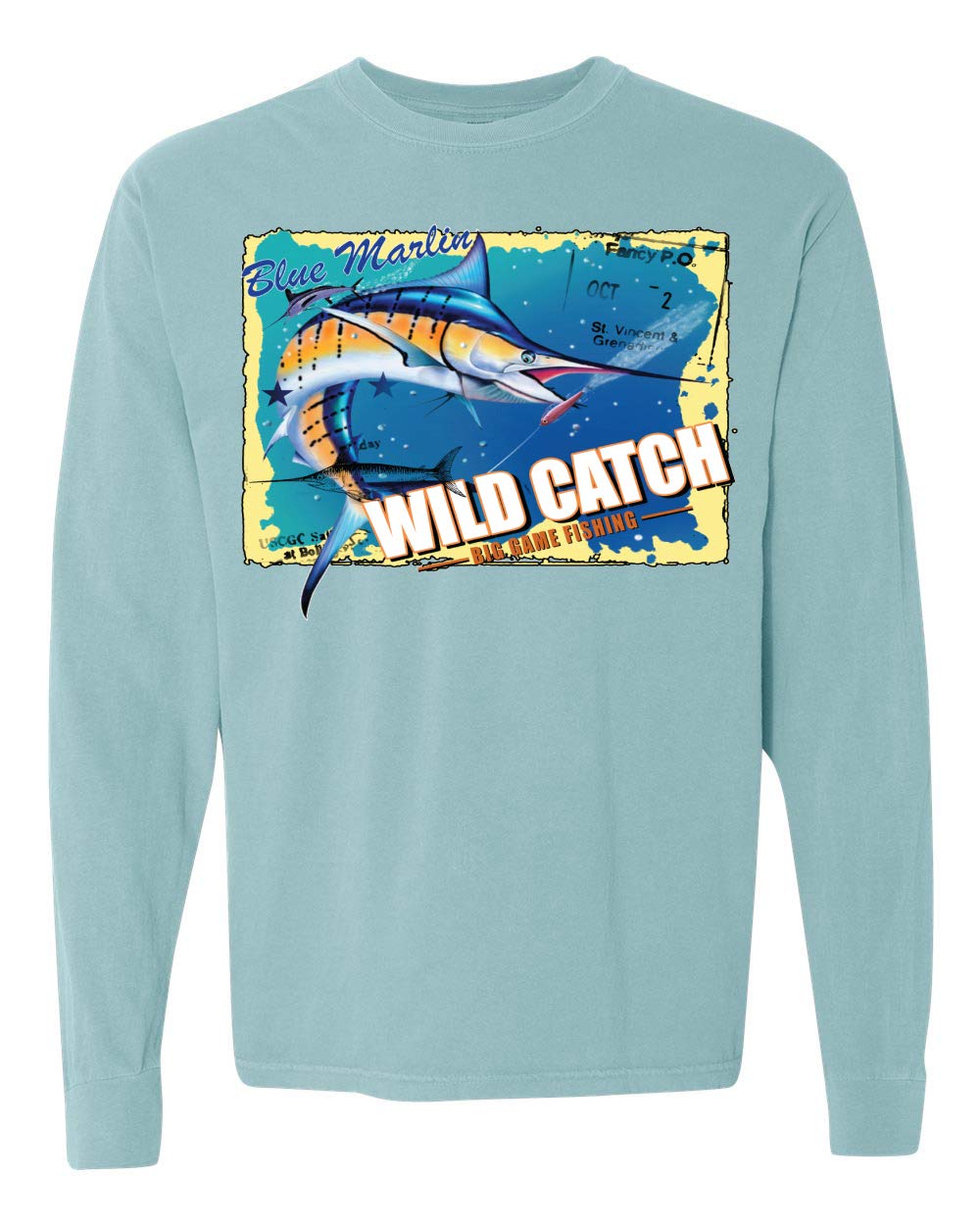 Blue Marlin Wild Catch Big Game Fishing T-Shirt - Vintage Washed Long Sleeve Cotton Shirt for Men | Perfect for Fishing Trips, Outdoor Adventures & Casual Wear