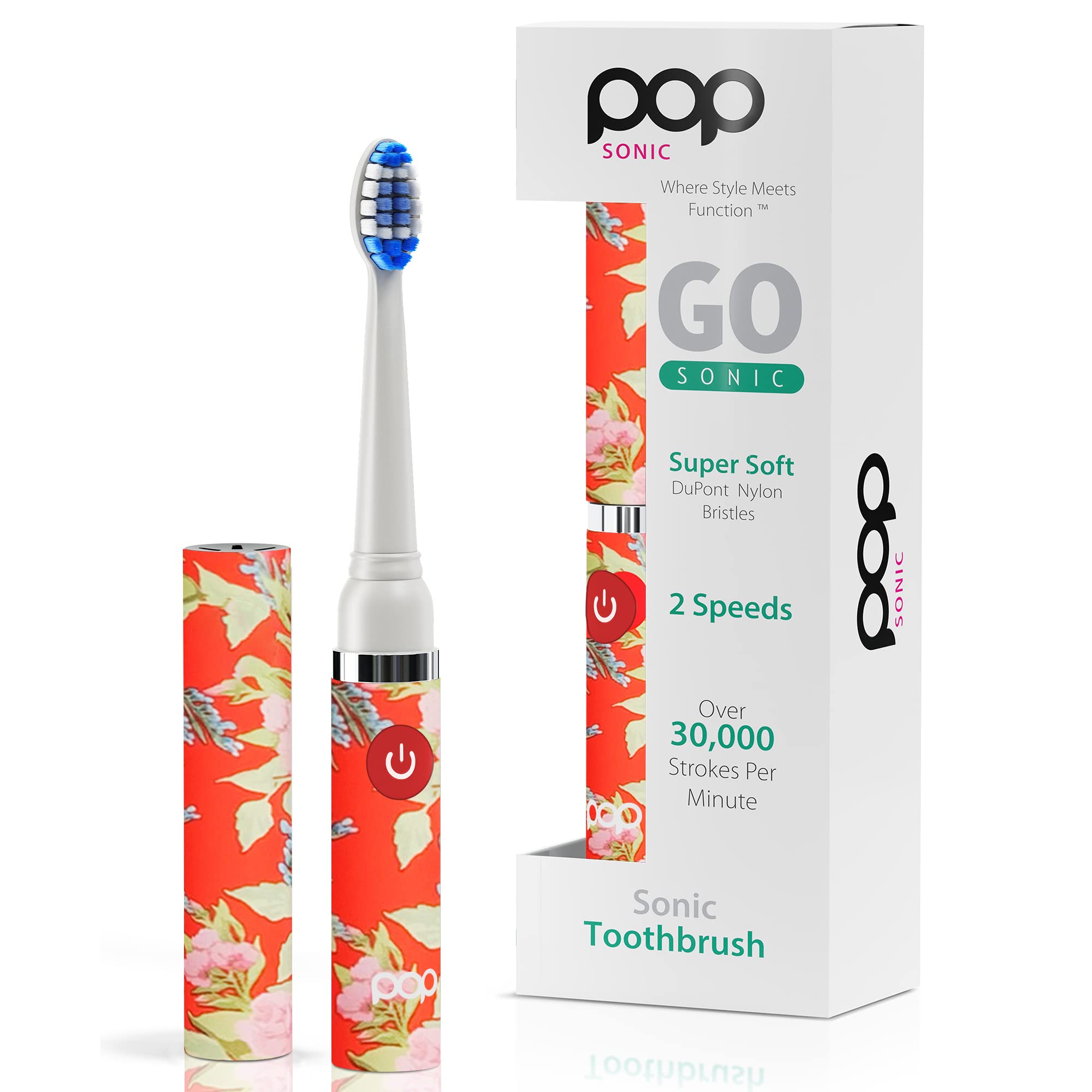 Pop Sonic Electric Toothbrush for Kids & Adults - Red Floral Design, 2 Speed Modes (15,000-30,000 RPM), DuPont Nylon Bristles, Battery-Powered Travel Toothbrush - Perfect for Home, Travel & Daily Oral Care