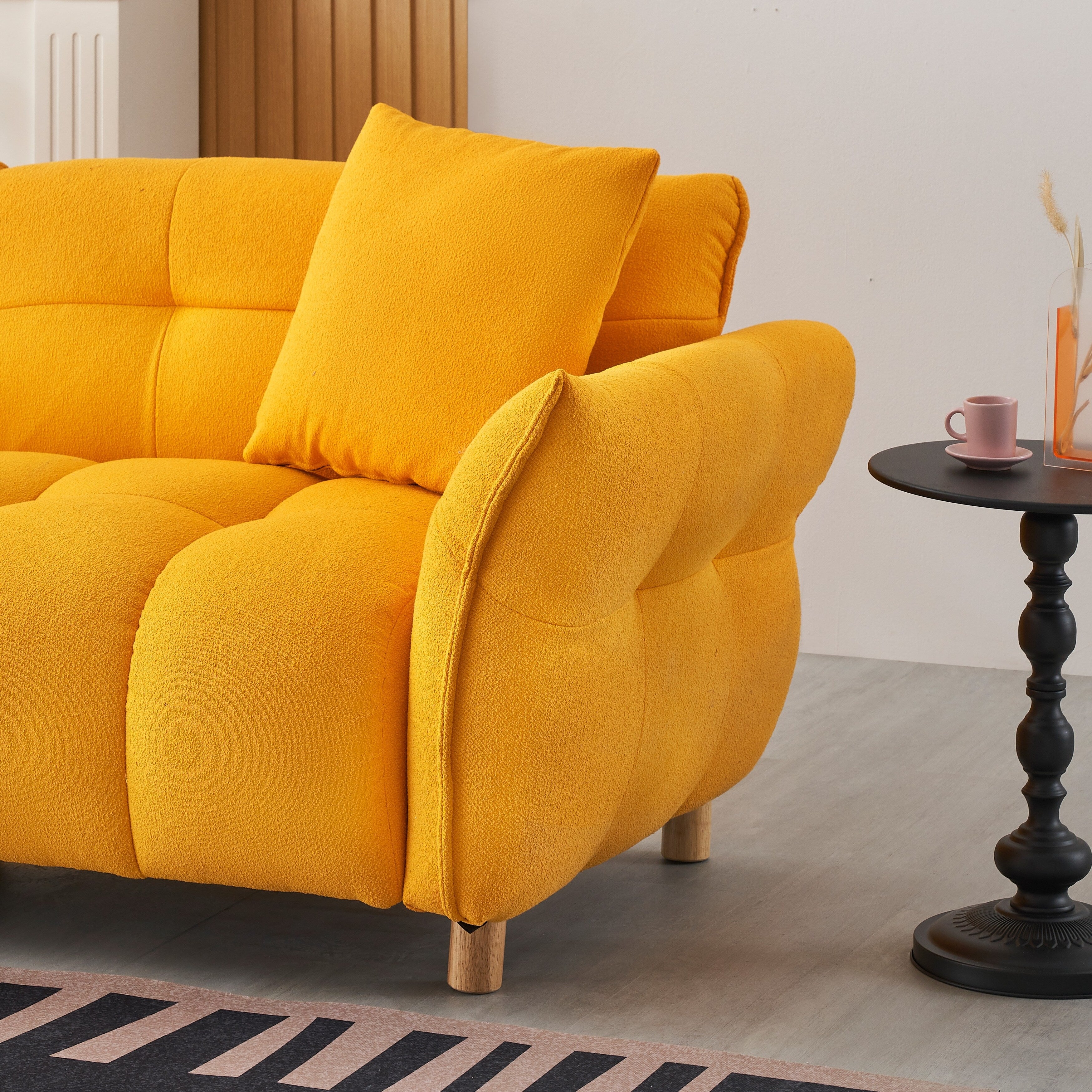 Mid Century Modern Sofa with Soft Teddy Fabric - Plush 3-Seater Couch with Decorative Pillows - Comfortable Living Room Furniture for Home & Office Lounge