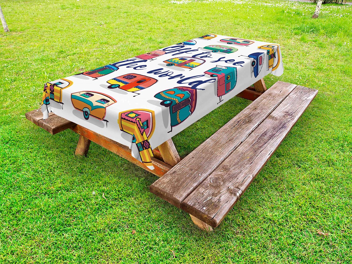 Vintage Travel Inspired Washable Picnic Tablecloth - 58x84 Inch Teal & Yellow Outdoor Table Cover with Caravan Print | Perfect for Camping, Picnics, RV Trips & Backyard BBQs