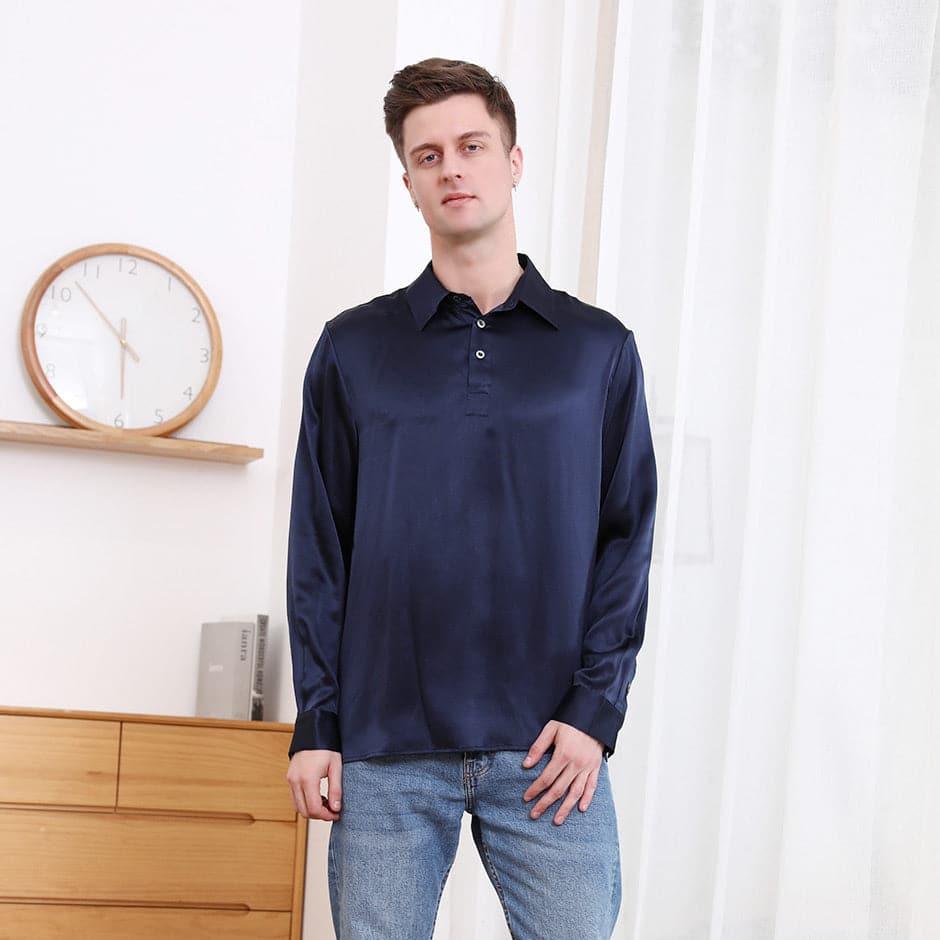 Premium Men's Silk Polo Collar Long Sleeve Shirt - Breathable & Luxurious Formal Wear for Business, Office & Special Occasions
