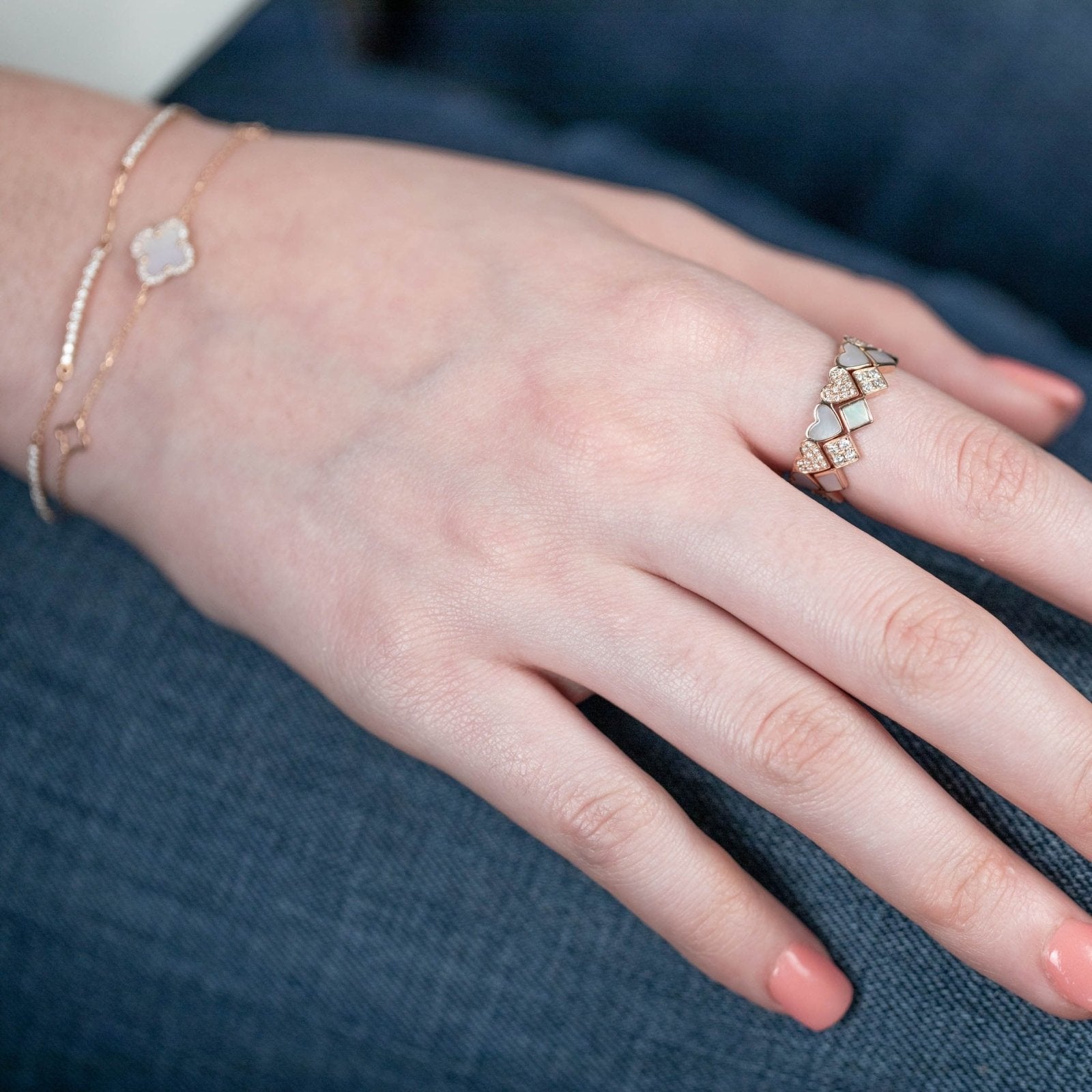 14k Rose Gold Diamond and Mother of Pearl Eternity Ring - Stackable Wedding Band, Anniversary Gift for Her, Perfect for Bridal Jewelry and Special Occasions
