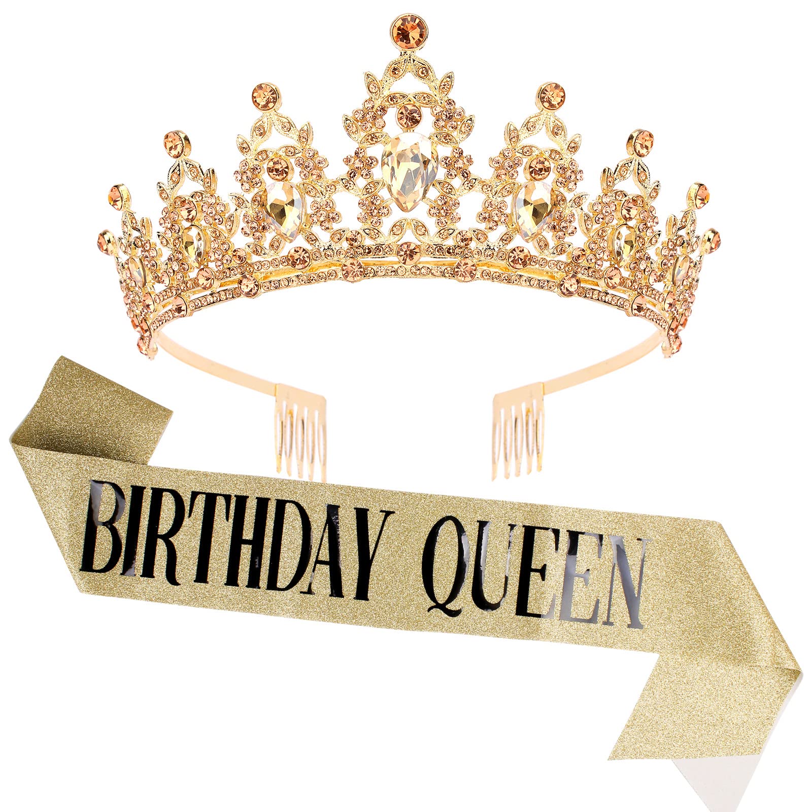 Gold Birthday Crown and Sash Set for Women - Rhinestone Tiara & Queen Sash - Elegant Birthday Party Decorations - Perfect for Birthday Celebrations, Bachelorette Parties & Special Events