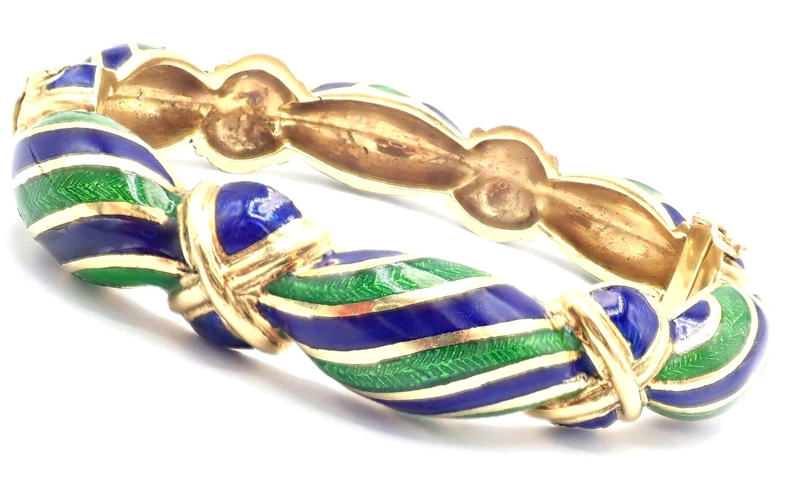 Authentic Vintage Tiffany & Co 18k Yellow Gold Enamel Bangle Bracelet with Green & Blue Design - Perfect for Weddings, Anniversaries & Luxury Gifts