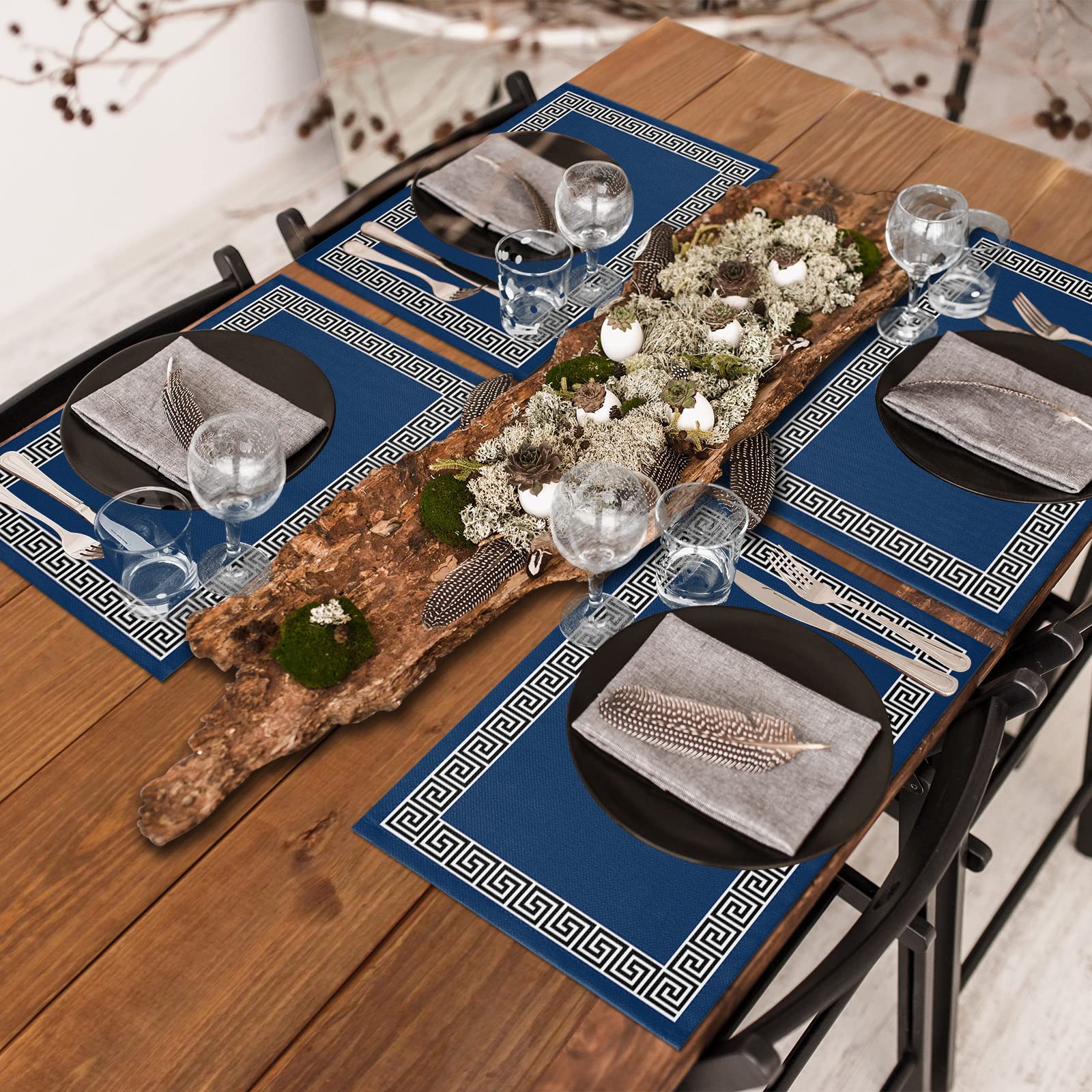 Geometric Greek Key Design Placemats - Set of 6 Navy Blue Washable Table Mats for Dining Room, Kitchen, and Dinner Table Decorations