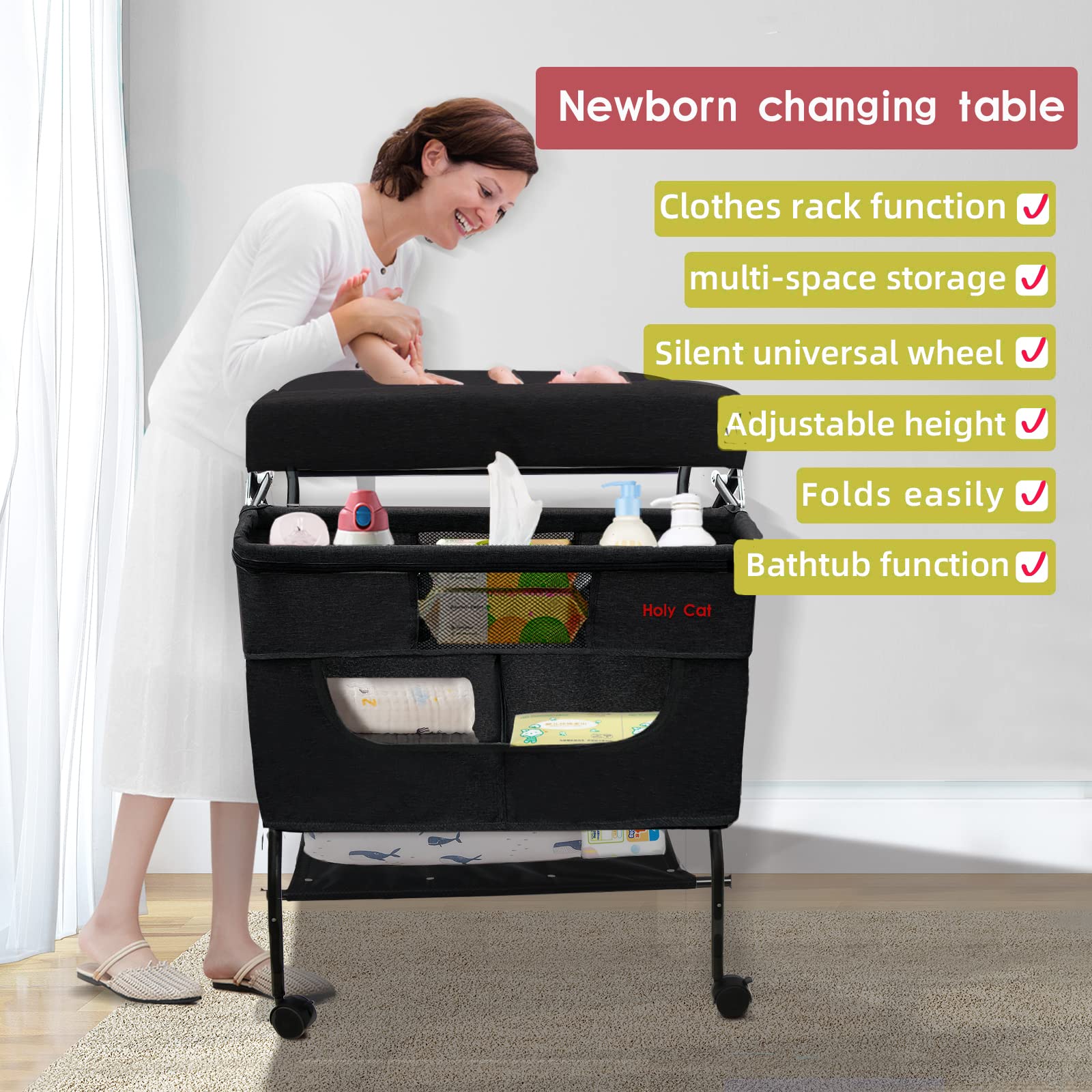 Portable Baby Changing Table with Wheels - Adjustable Height Folding Diaper Station, Mobile Nursery Stand with Storage Rack for Newborns - Lightweight & Sturdy (Black) | Perfect for Nursery, Bedroom, and Travel Use