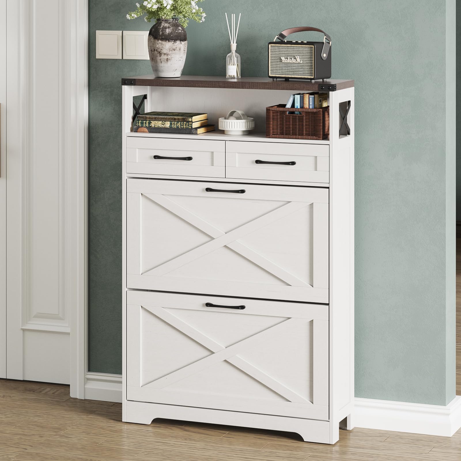 Maupvit Farmhouse Shoe Storage Cabinet - 2 Flip Drawers & 2 Drawers with Doors and Shelves - Entryway Shoe Organizer for Front Door - Narrow Shoe Rack for Small Spaces - Perfect for Hallway, Closet or Mudroom Organization - White
