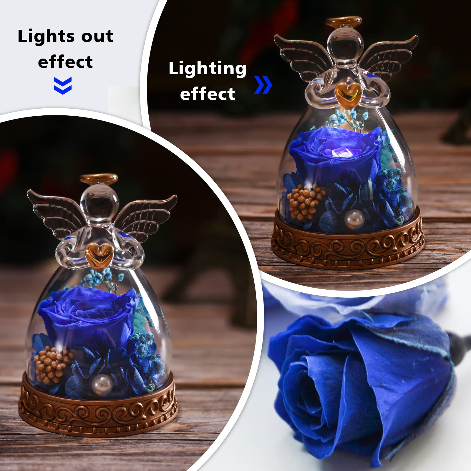 Real Preserved Rose in Glass Angel Figurine with LED Light - Eternal Flower Gift for Women, Mothers, Grandmothers | Perfect for Mother's Day, Christmas, Birthdays & Anniversaries (Navy Blue) - Romantic Home Decor & Thoughtful Present