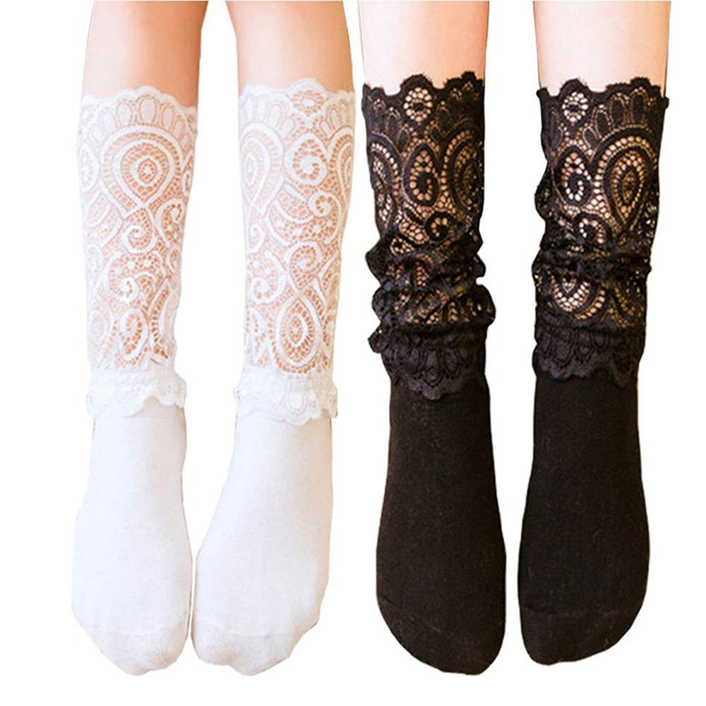 Lace Socks for Women & Girls - 2 Pairs High Knee Socks with Ruffle Flower Lace Trim (White & Black) - Elegant Fashion Socks for Parties, Weddings & Everyday Wear