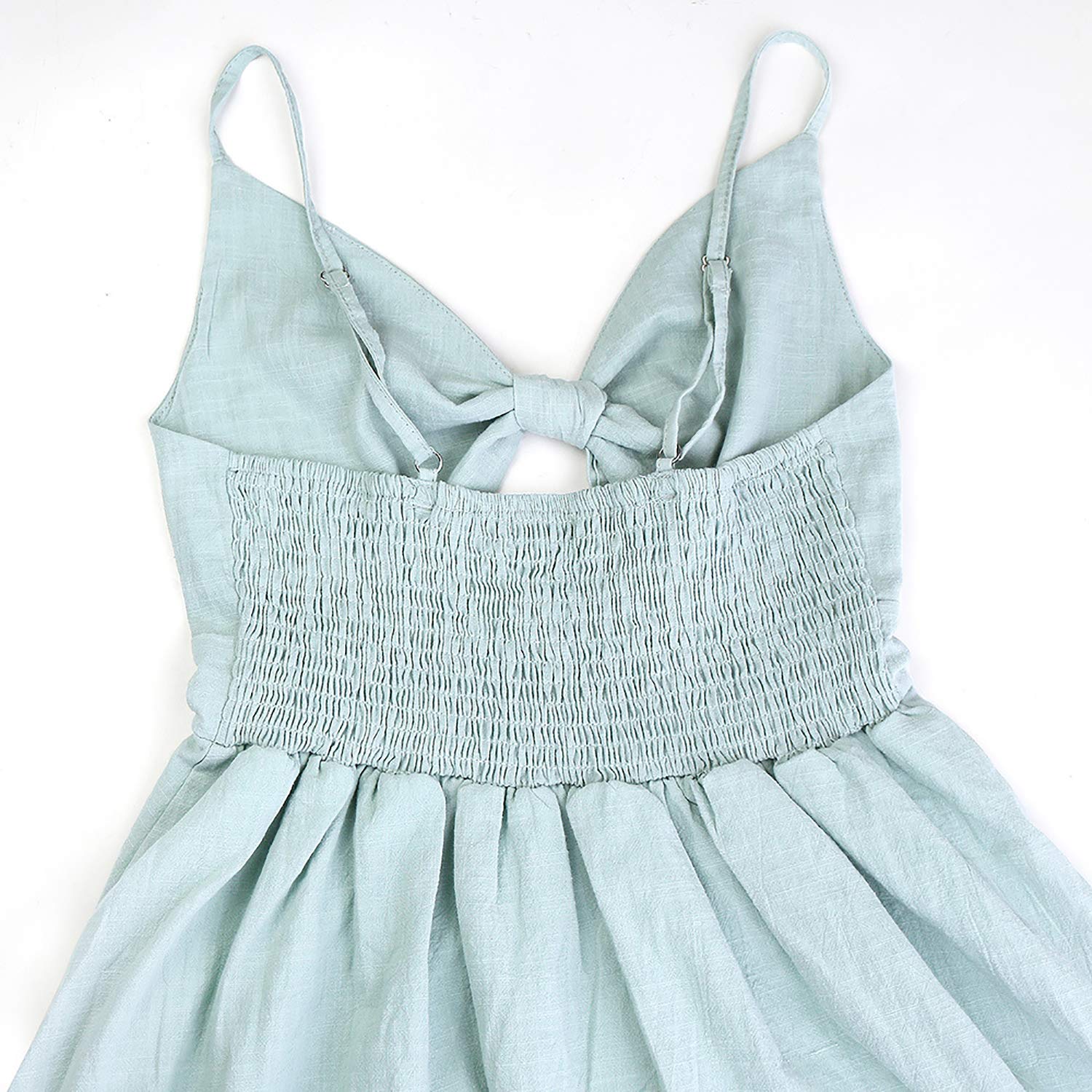 ECOWISH Women's 2024 Summer Dress - V-Neck Spaghetti Strap Tie-Front A-Line Midi Dress with Button Down Backless Design in Light Green | Perfect for Beach Vacations, Date Nights & Summer Parties