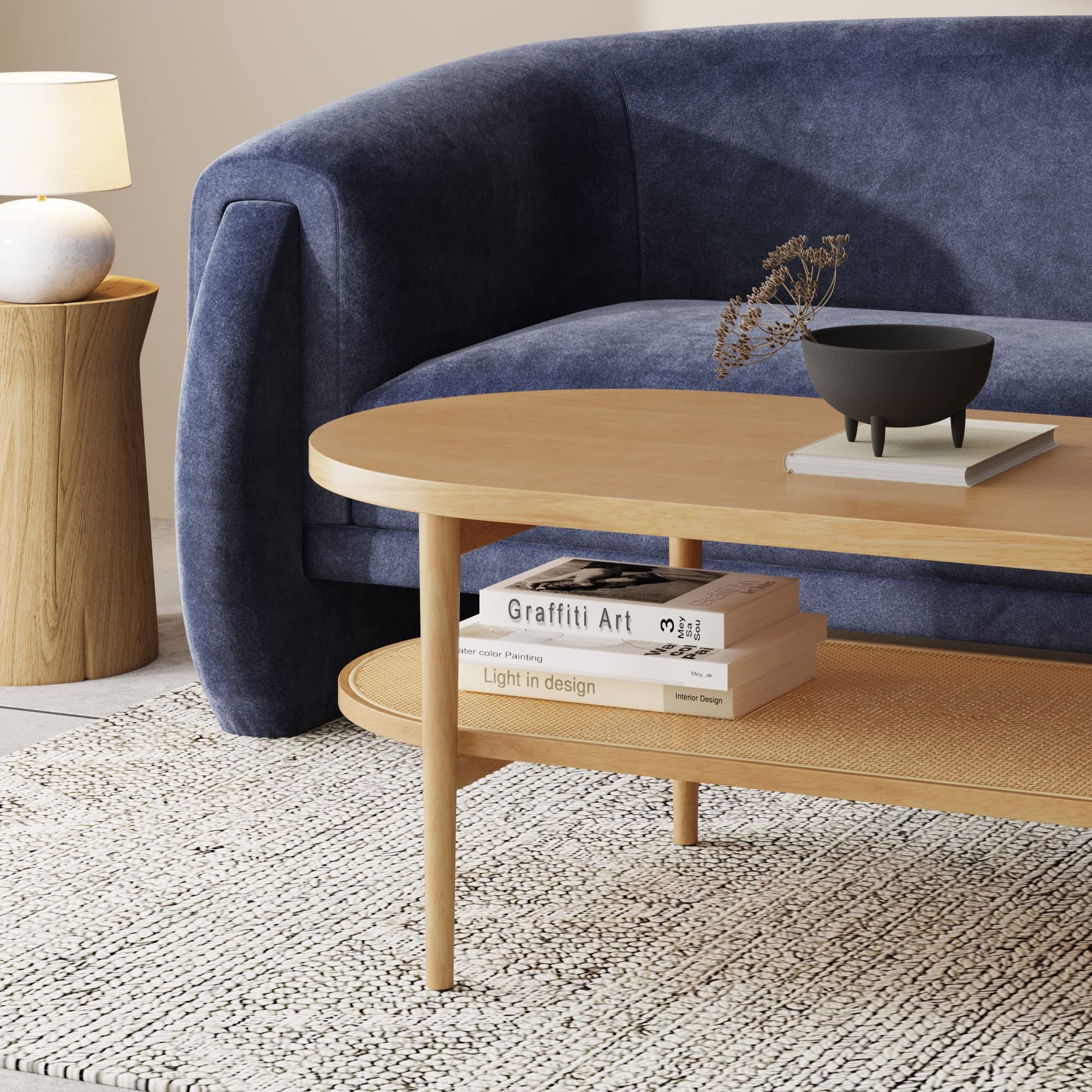 Nathan James Sonia Coffee Table with Storage Shelf - Light Wood & Rattan Design - Modern Living Room Furniture for Small Spaces, Home Decor & Storage Solutions